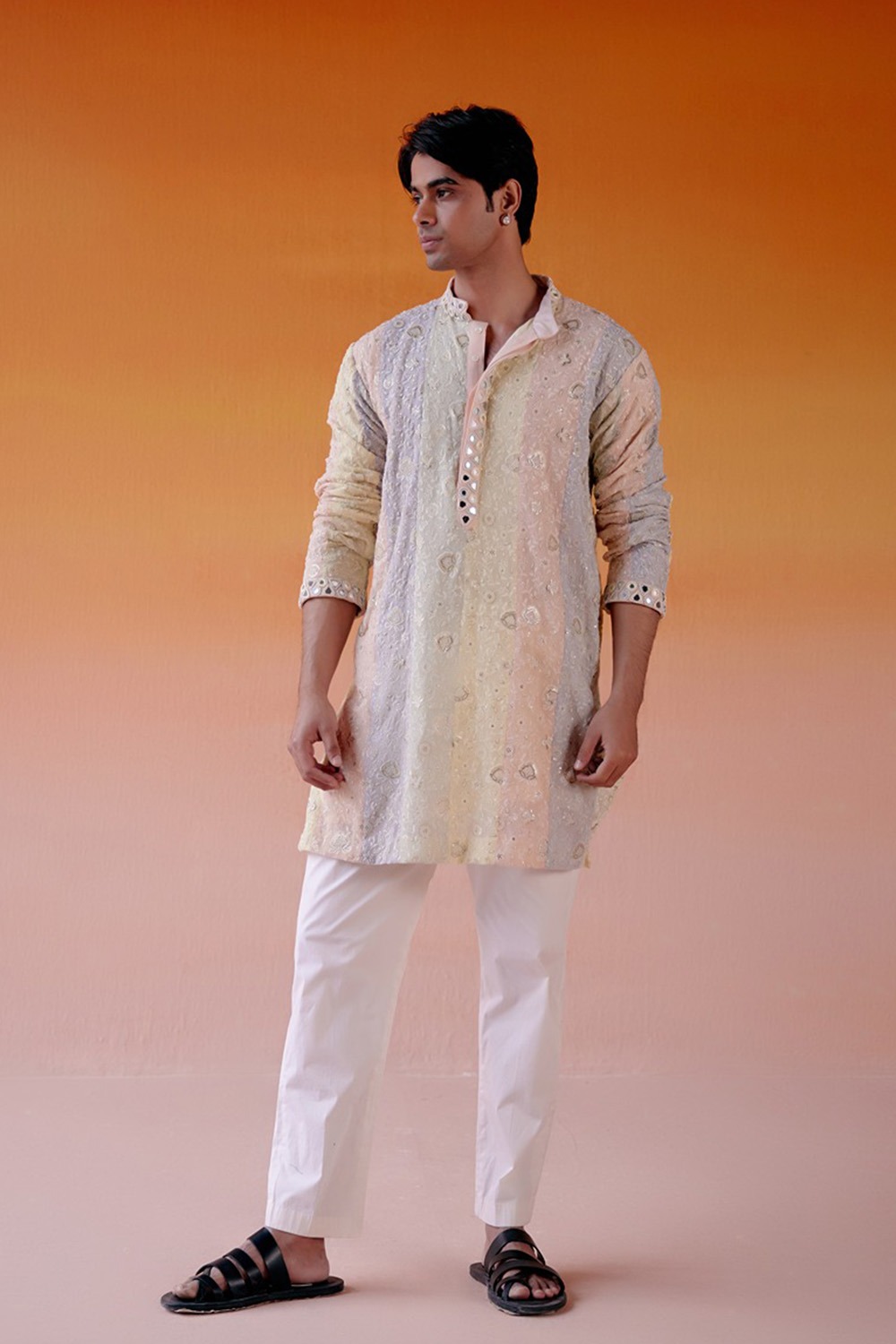 Multicolor Paneled Chikankari Kurta With Straight Pants