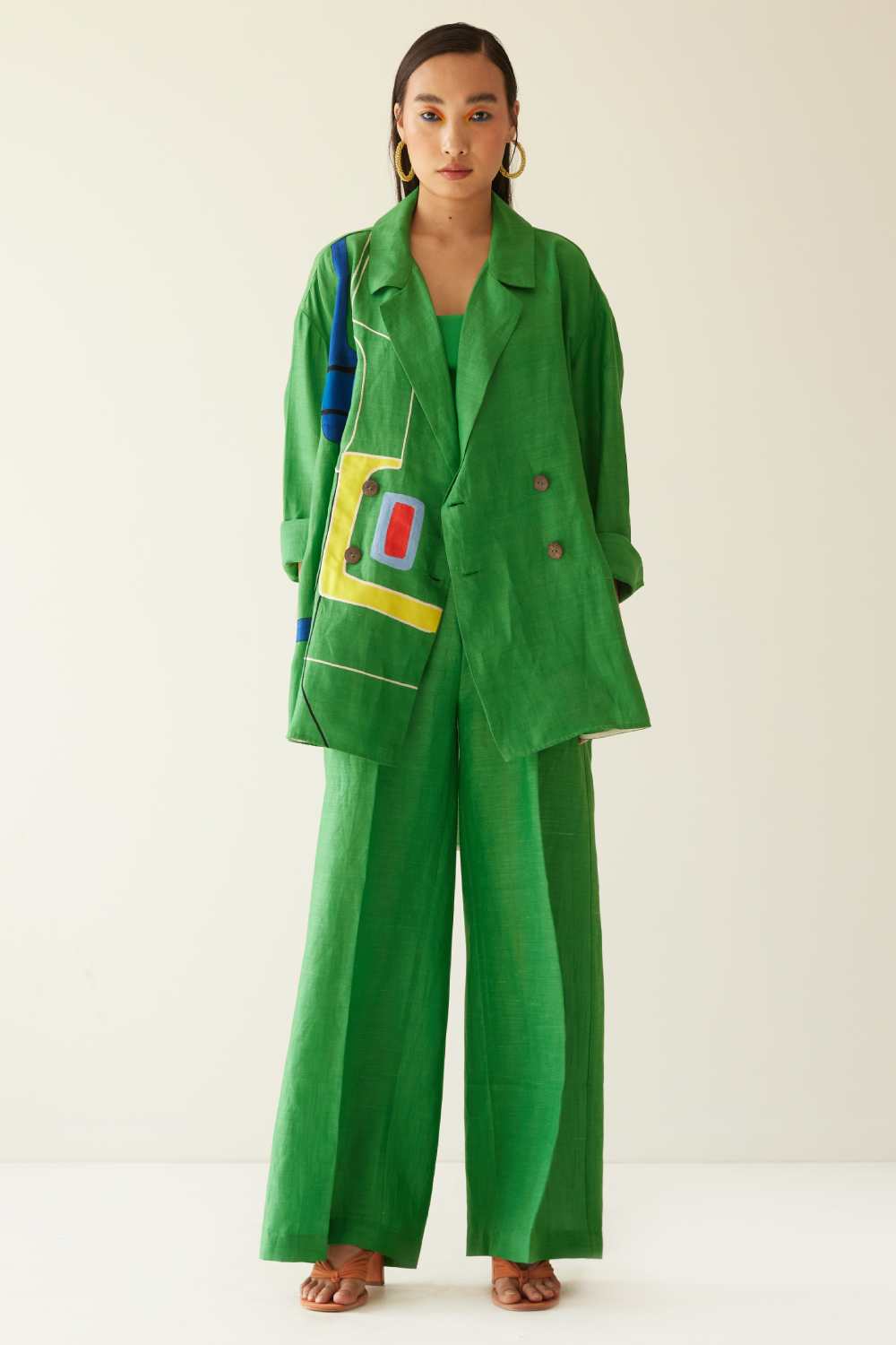 Green Oversized Linen Lines Jacket Co-Ord