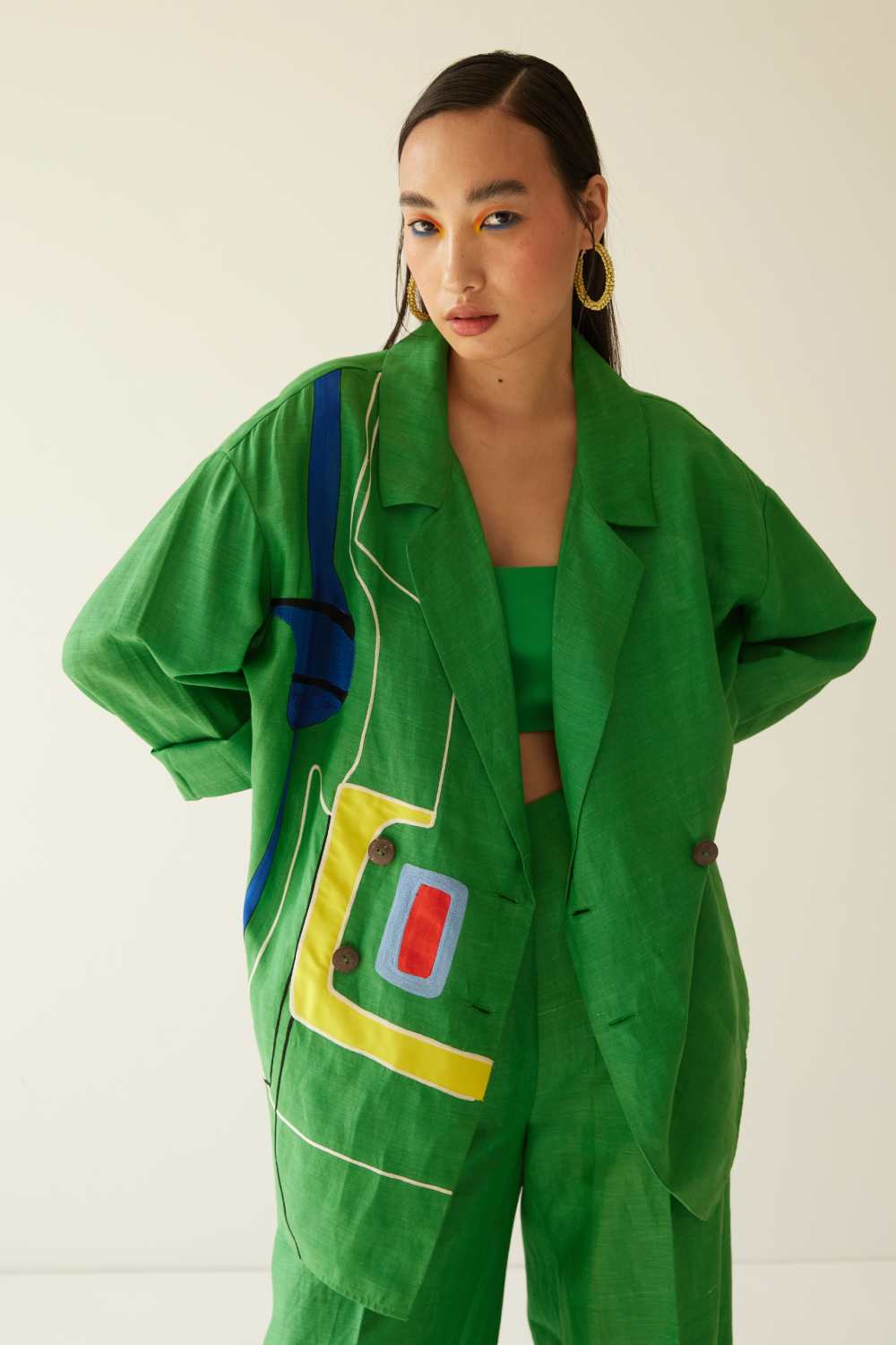 Green Oversized Linen Lines Jacket Co-Ord