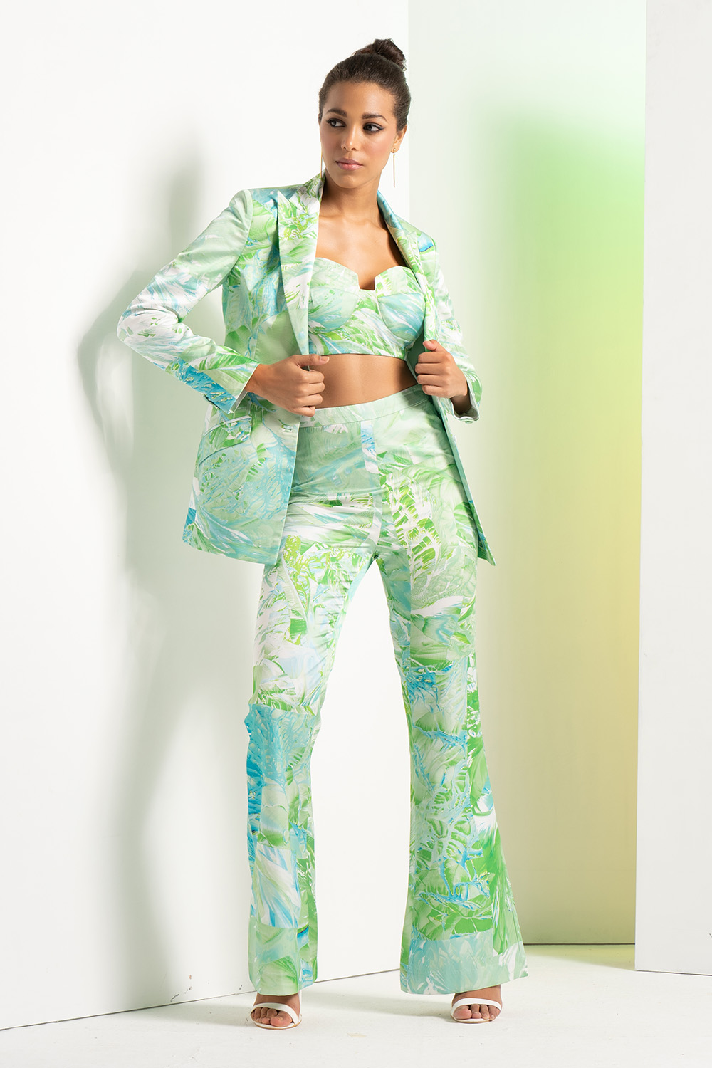 Green Raw Crystal Pant Satin Suit With Bustier