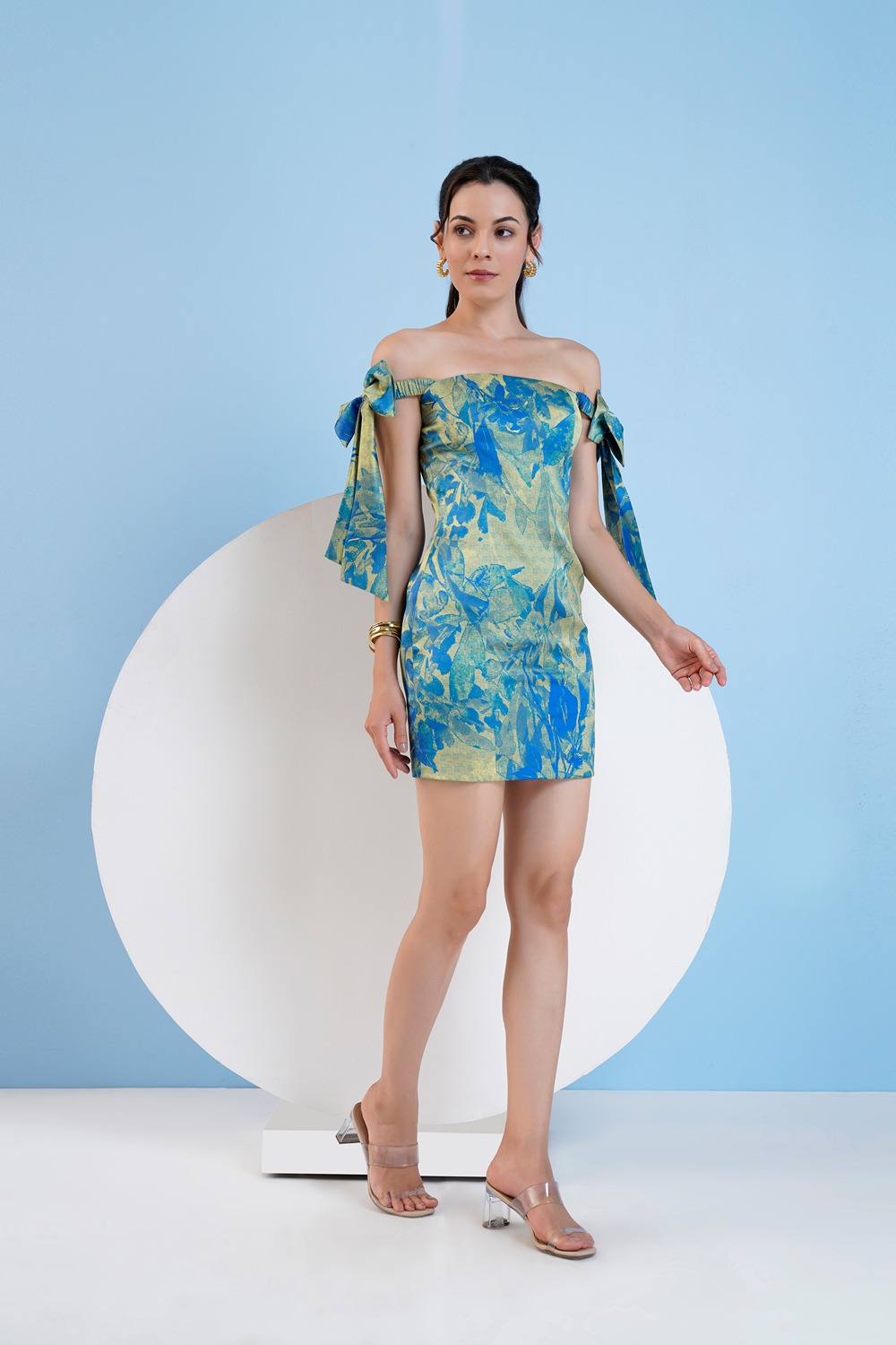 Printed Short Fitted Dress With Knotted Elastic Straps