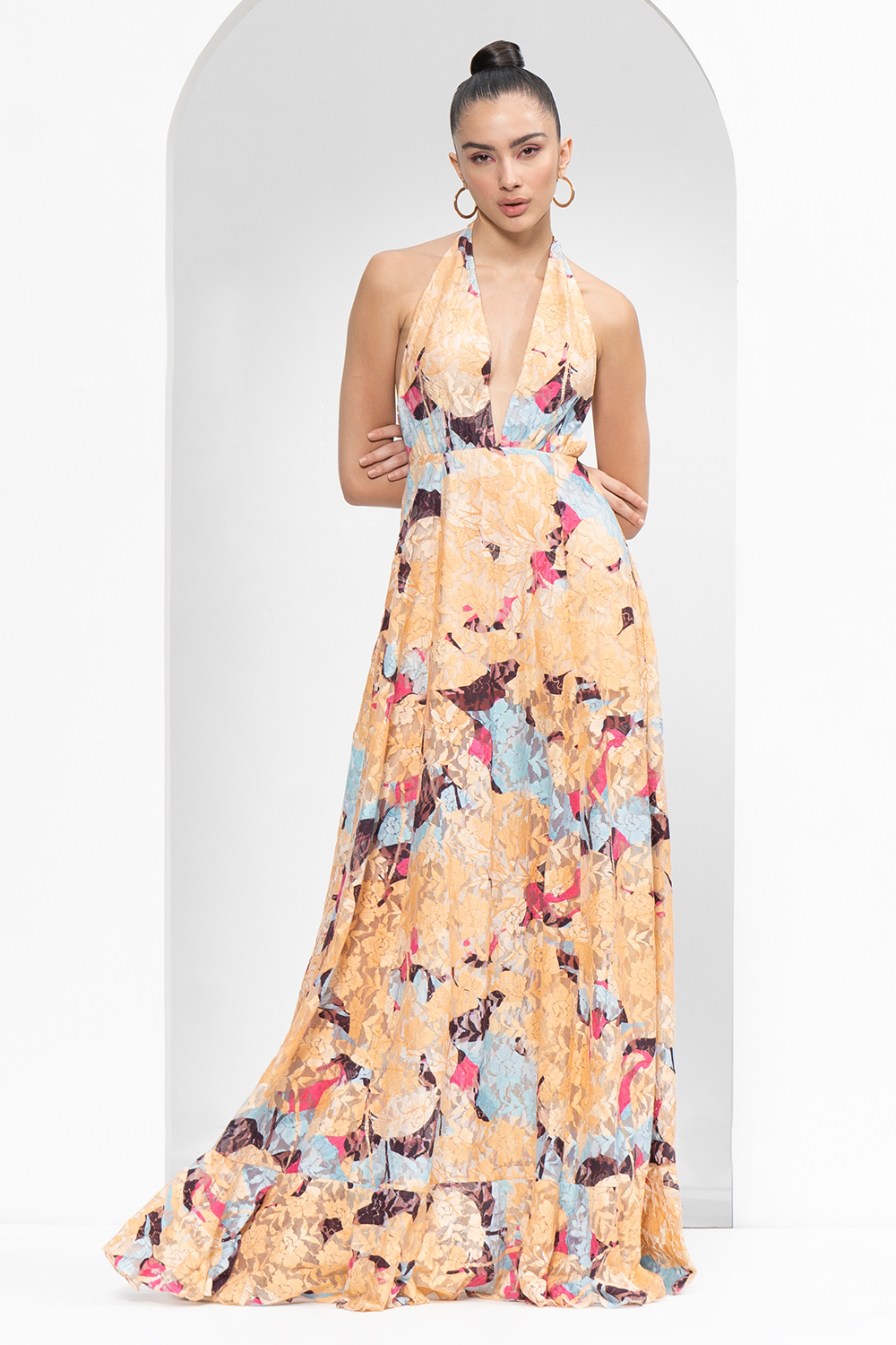 Mystic Beige Printed Long Dress Made From Cutwork Chantley With Halter Neckline 