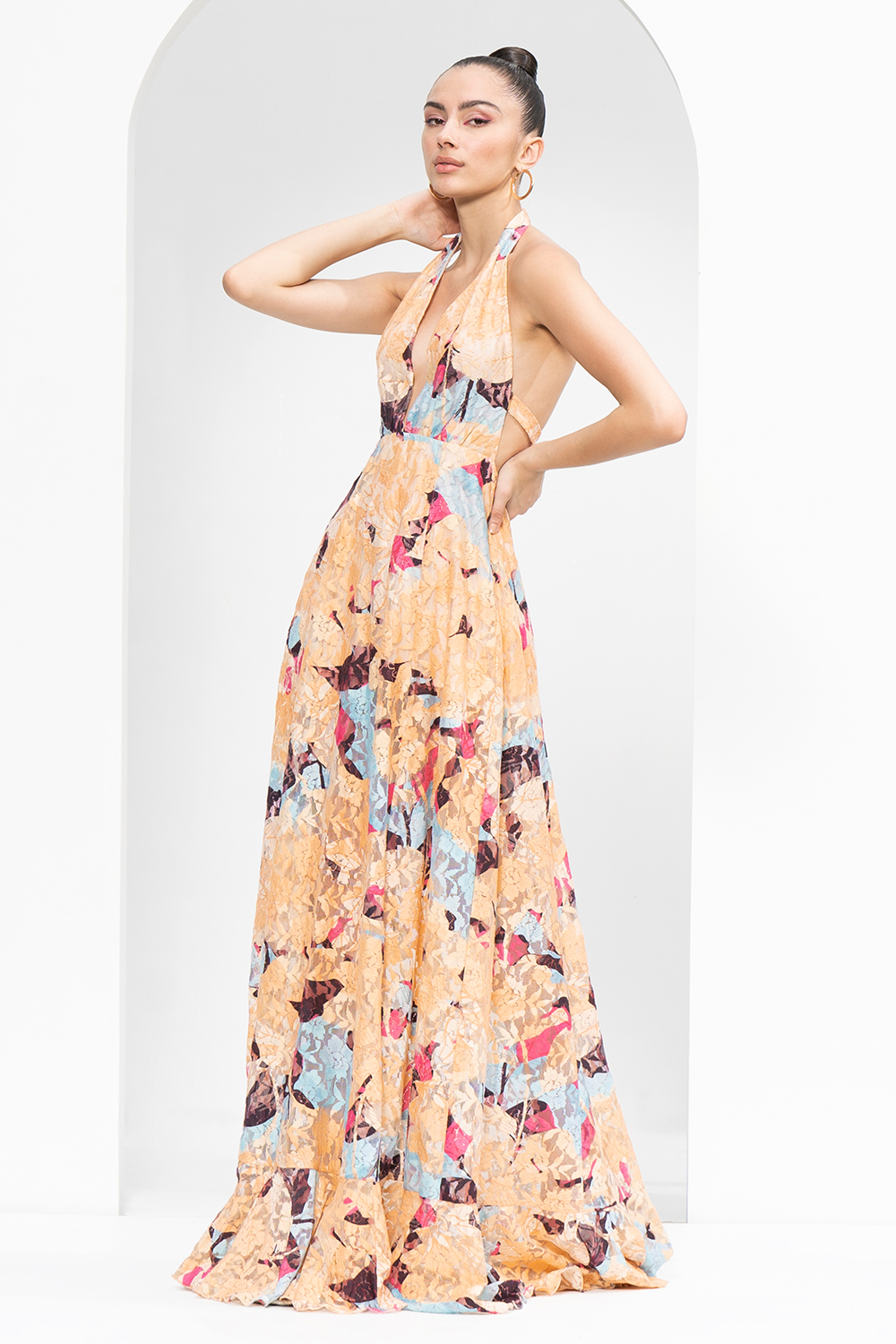 Mystic Beige Printed Long Dress Made From Cutwork Chantley With Halter Neckline 