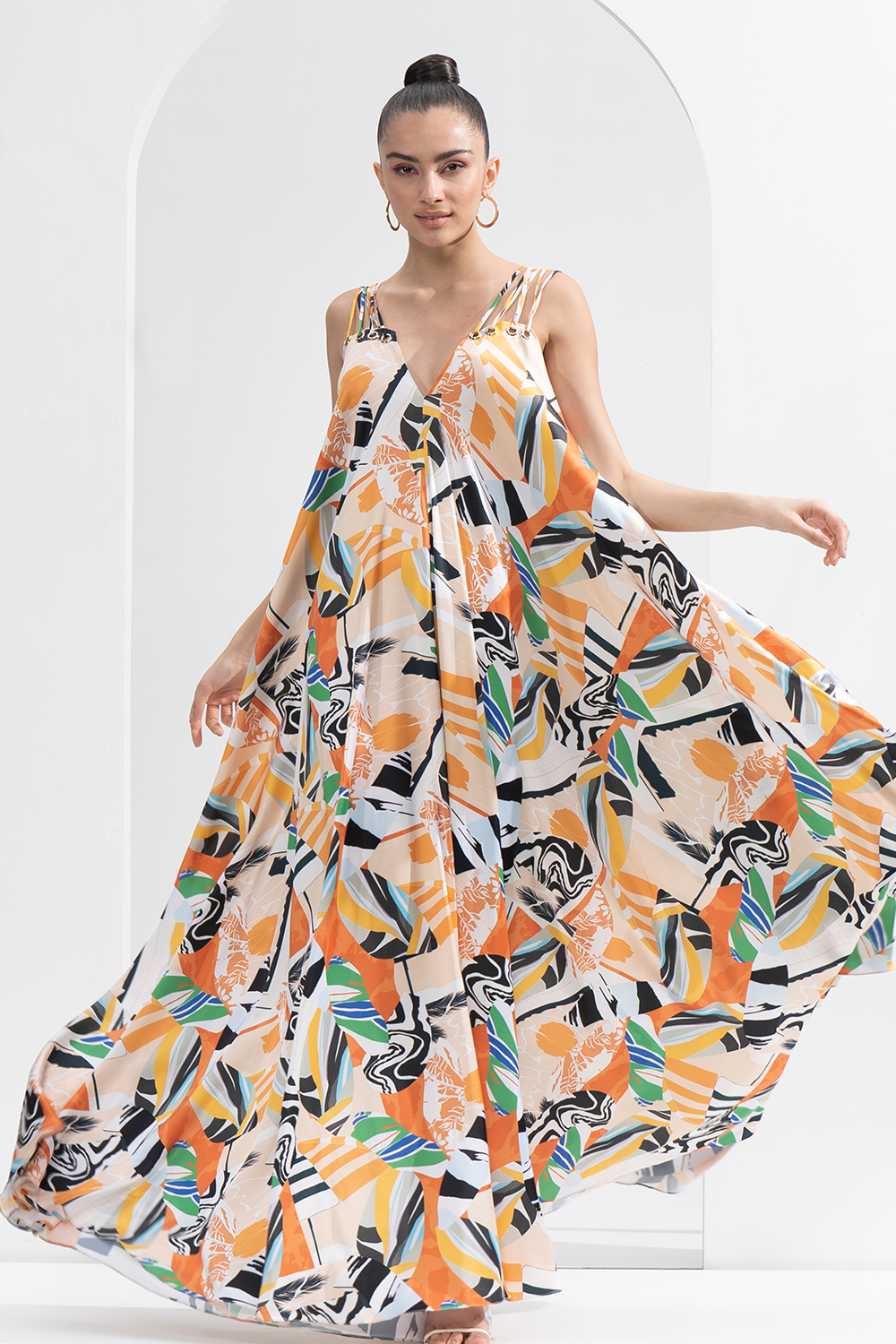 Yellow Abstract Satin Printed Long Loose Fit Dress With Gold Eyelet Detailing 