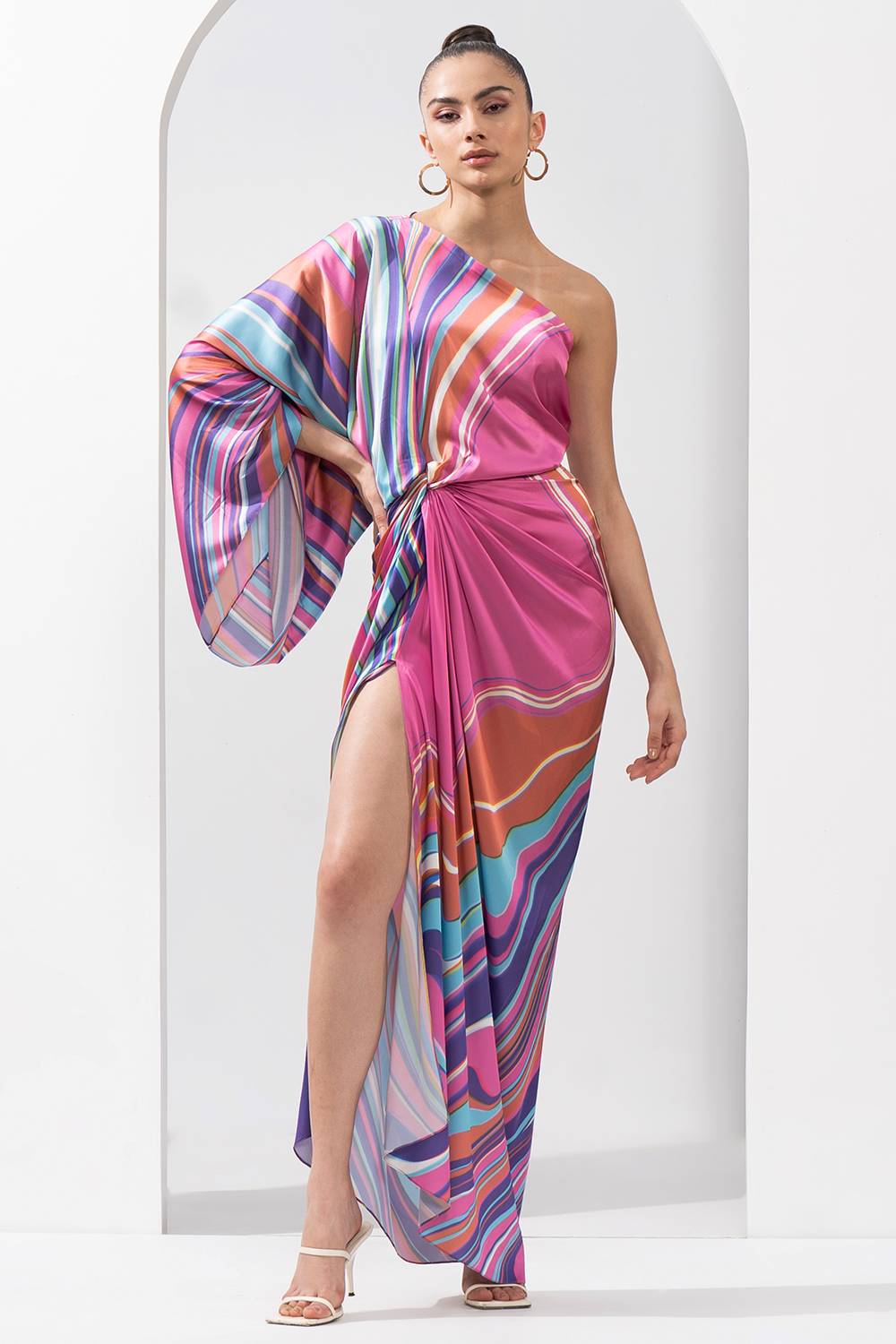 Pink Marble Placement Printed Draped Dress Made With Lustrous Satin 