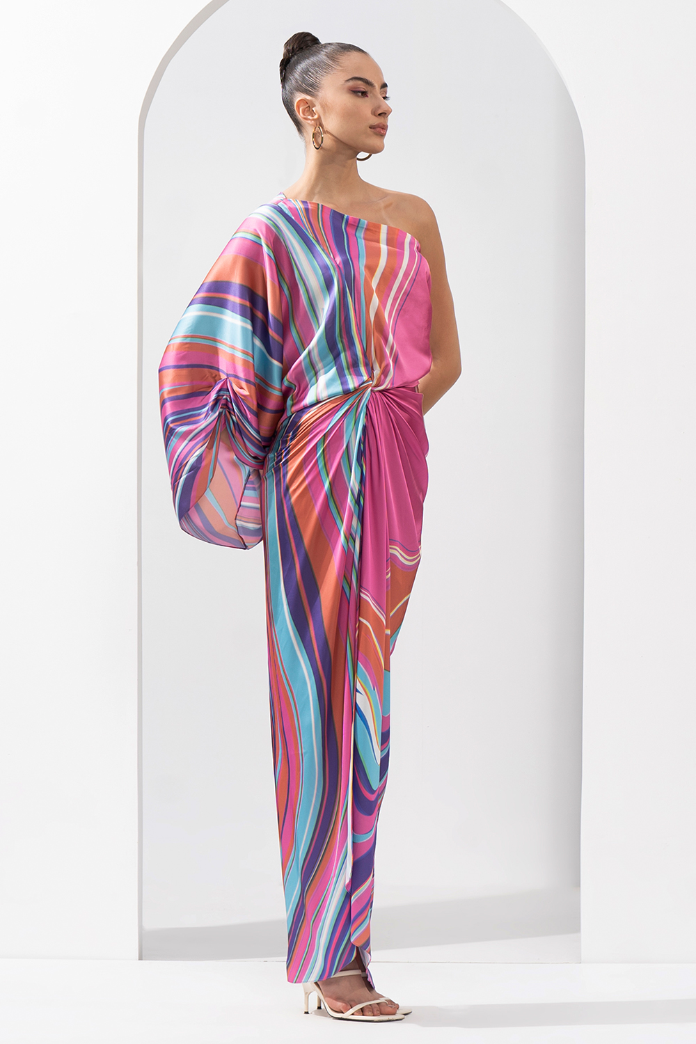 Pink Marble Placement Printed Draped Dress Made With Lustrous Satin 