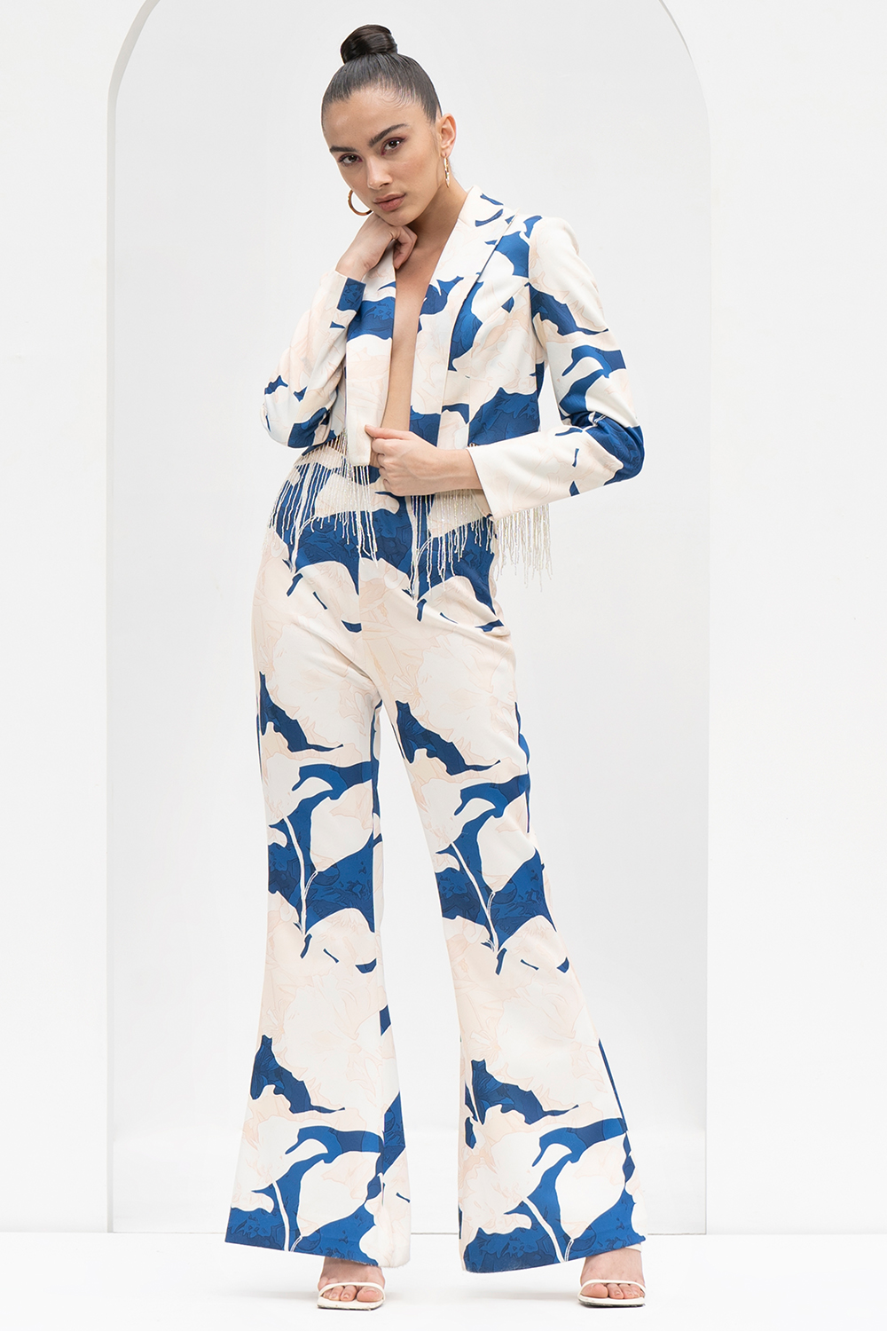 Mystic Blue Texture Printed Foma Jacket Set With Dazzling Hand Embroidery Tassels At Hem 