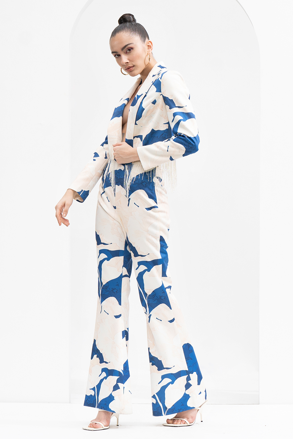 Mystic Blue Texture Printed Foma Jacket Set With Dazzling Hand Embroidery Tassels At Hem 