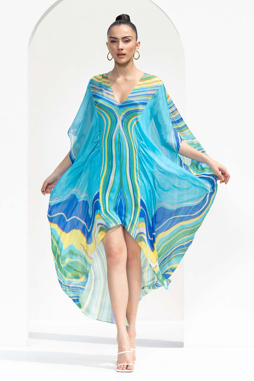 Blue Marble Placement Printed Chiffon Kaftan Designed With High Low Hem 