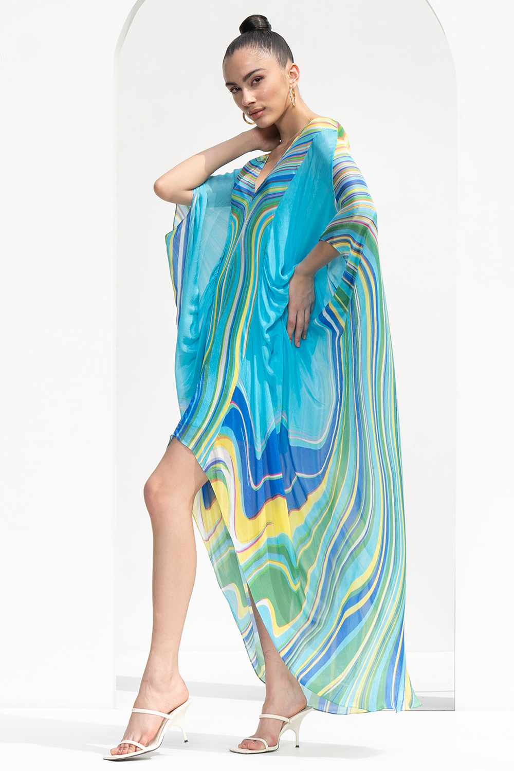 Blue Marble Placement Printed Chiffon Kaftan Designed With High Low Hem 