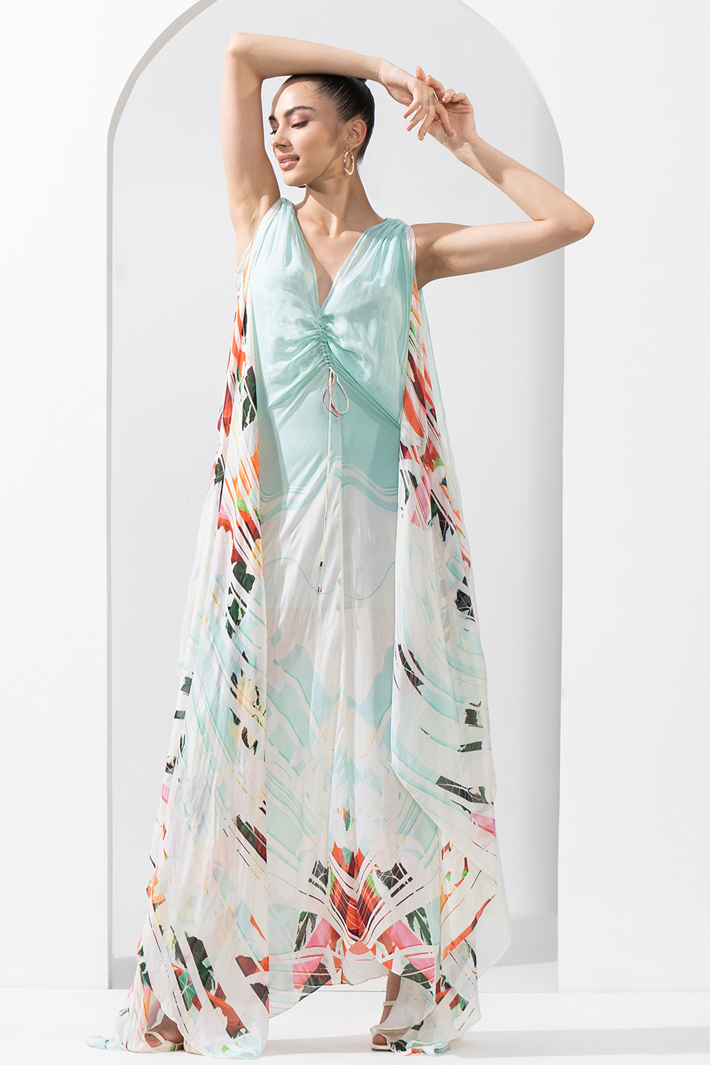 Ocean Blue Placement Printed Chiffon Kaftan With A Line Hem & Ruched Detailing 