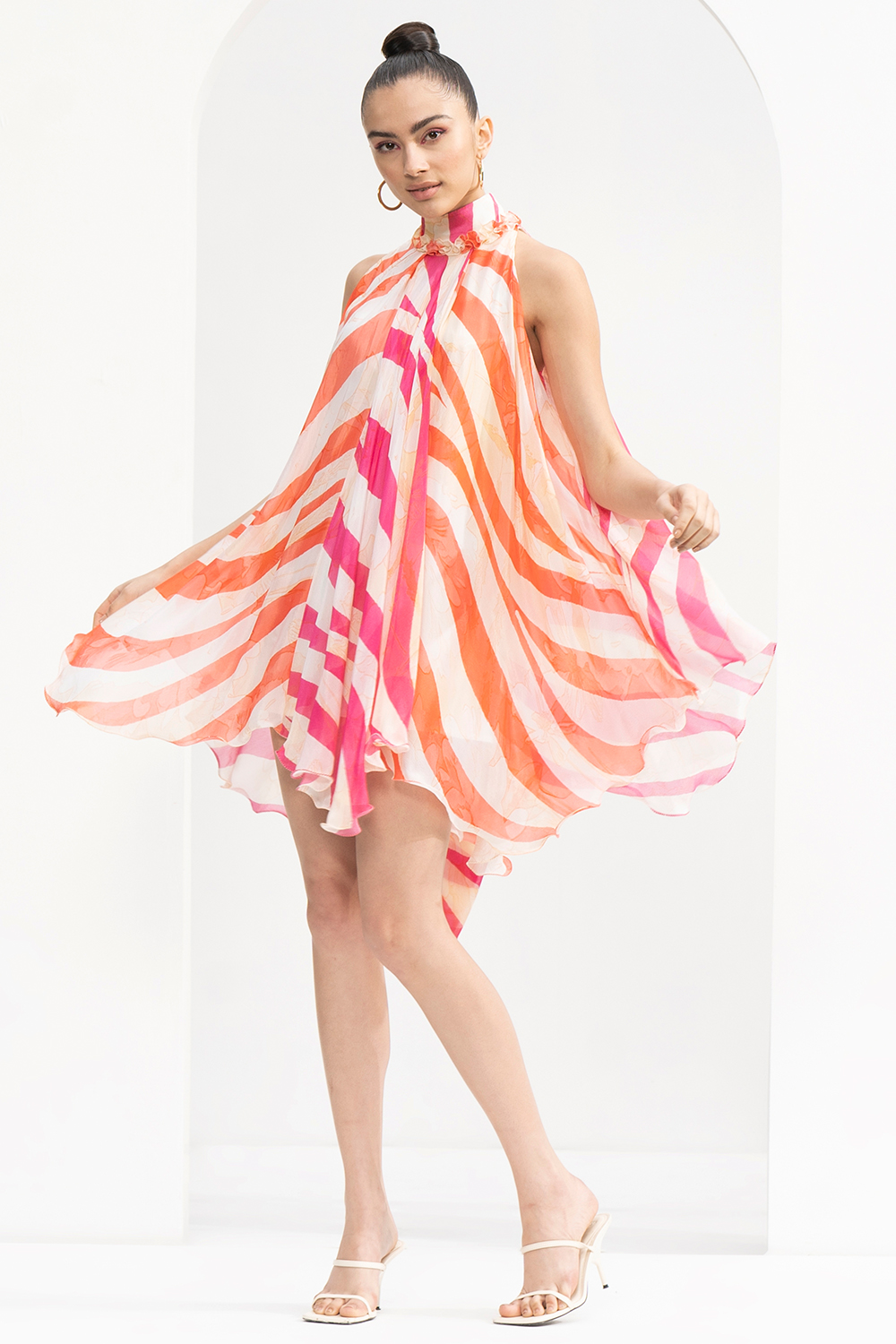 Fuchia & Coral Waves Print Blocked Chiffon Short Dress With Ruffled Detailed On The Neckline 