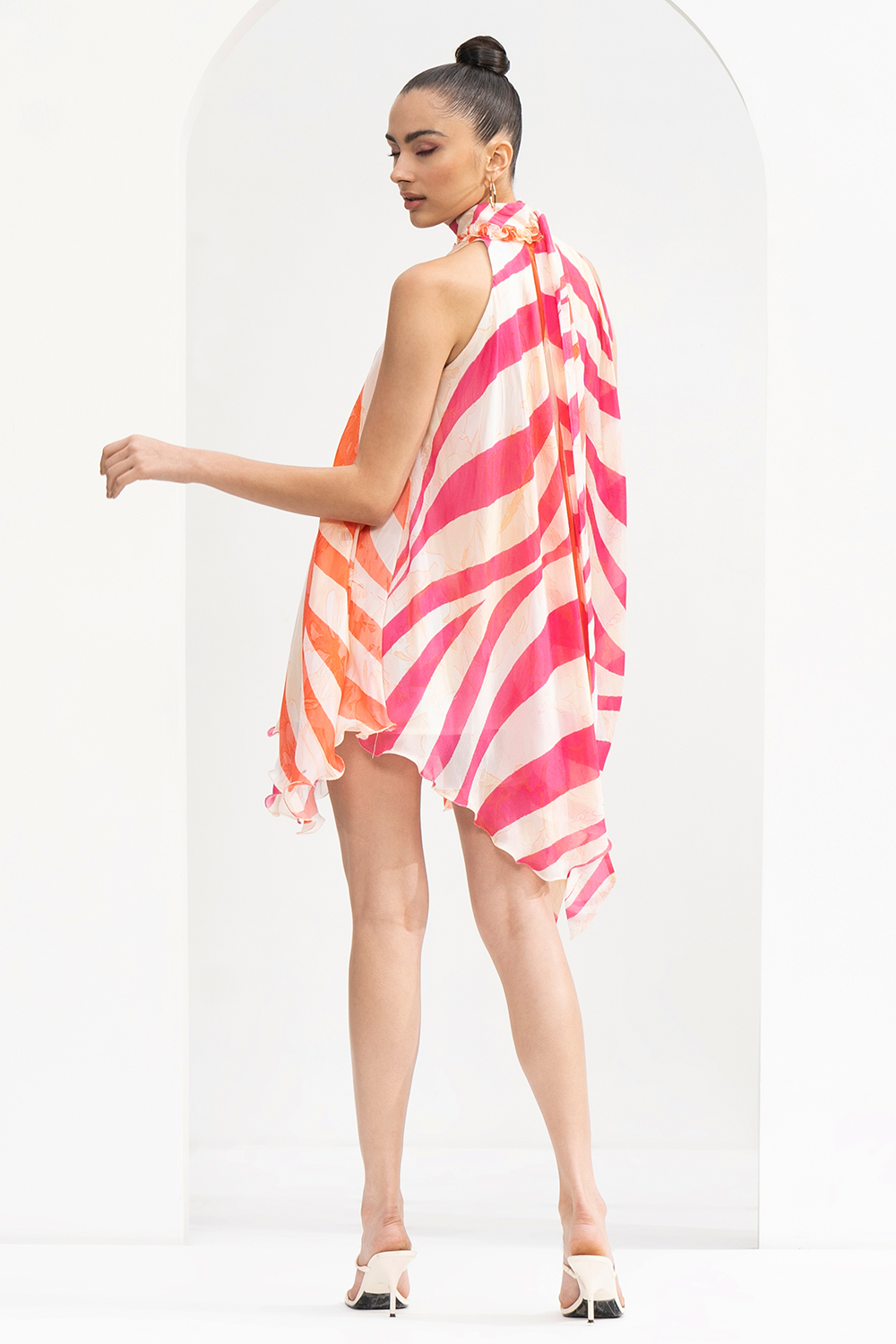 Fuchia & Coral Waves Print Blocked Chiffon Short Dress With Ruffled Detailed On The Neckline 
