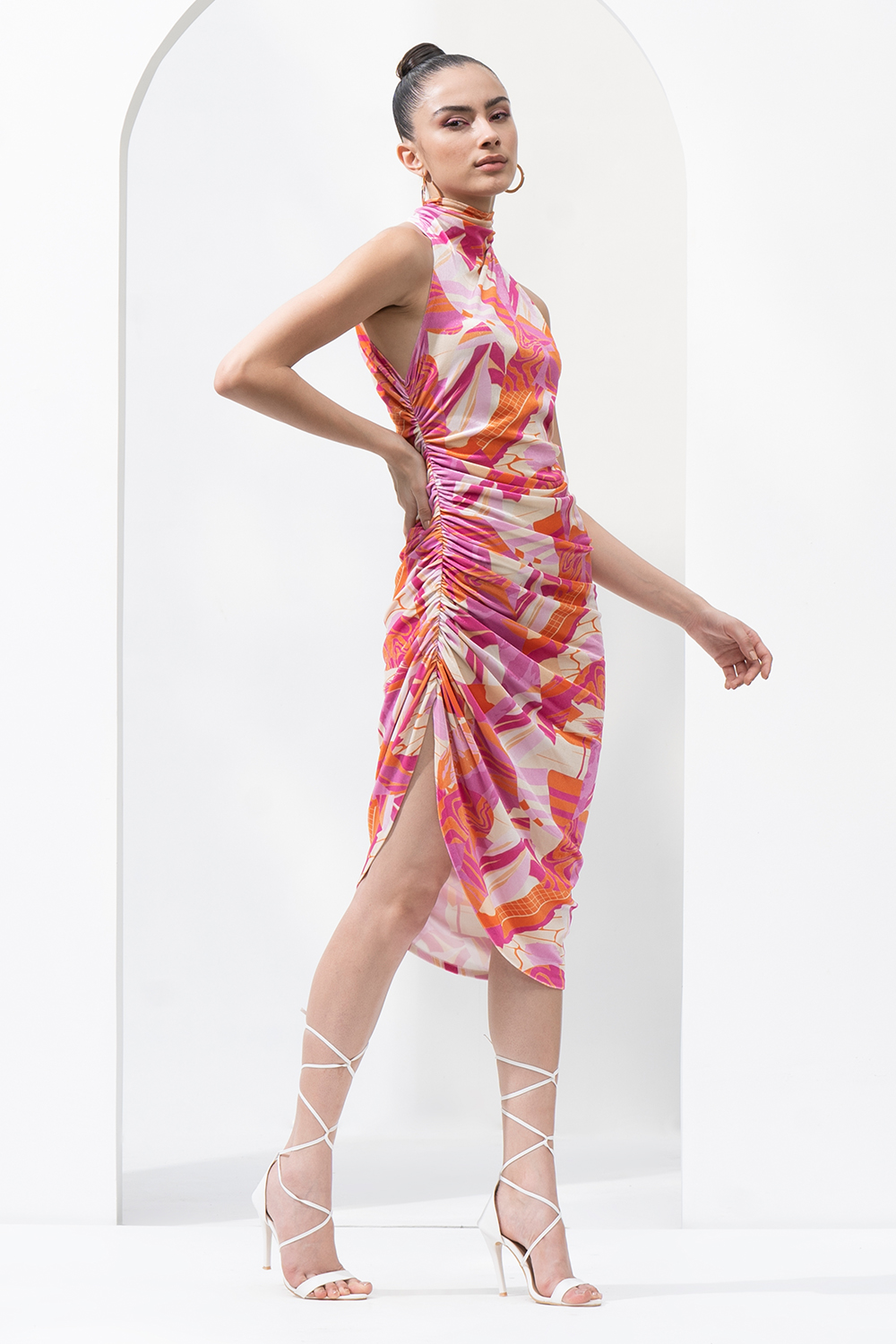 Pink Abstract Lycra Velvet Printed Short Dress With Ruched Detailing