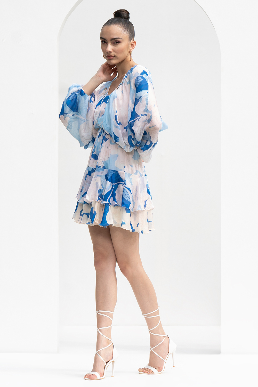 Mystic Blue Printed Chiffon Short Dress With Gold Eyelet Detailing