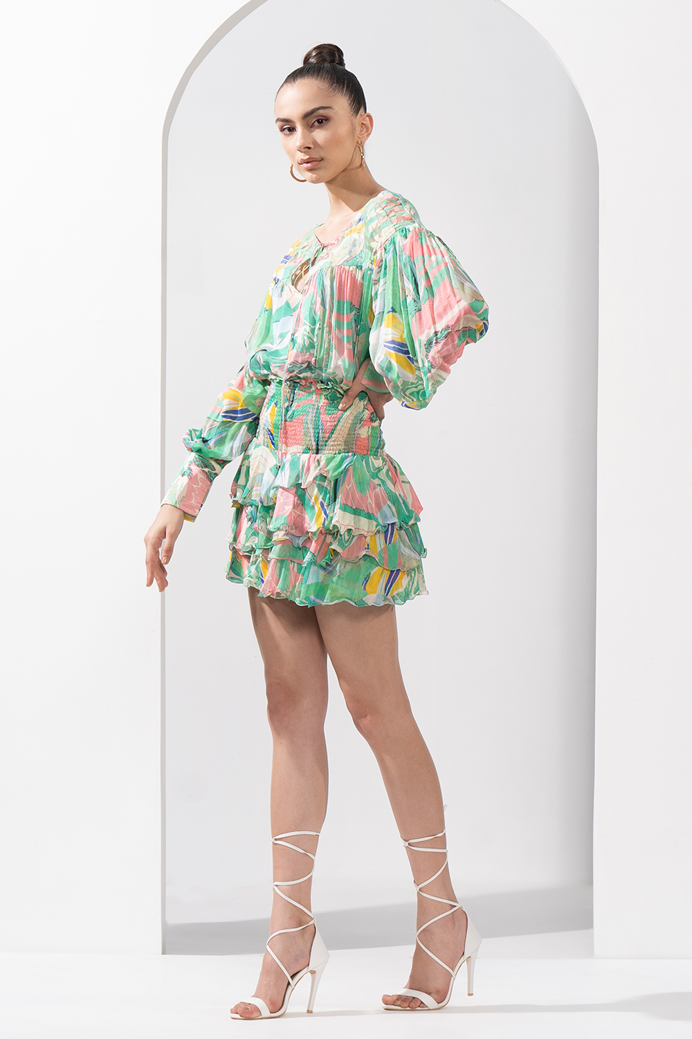 Mint & Pink Abstract Printed Top & Skirt Chiffon Set With Cutwork Chantley Detailing 