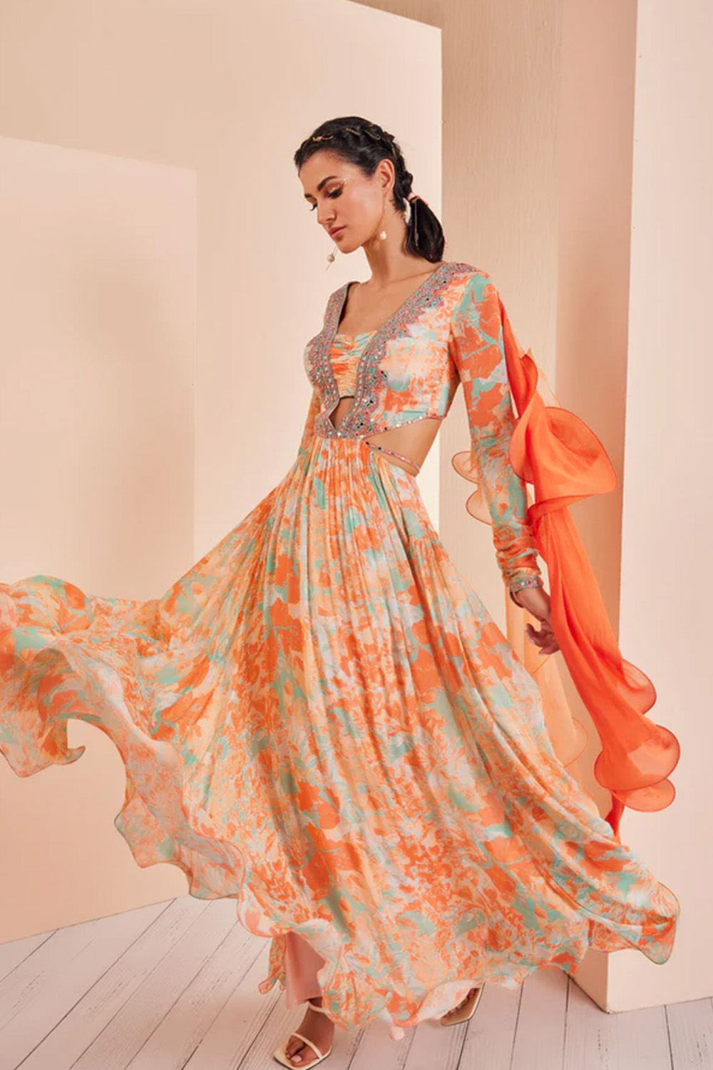 Embroidered Anarkali With Crunched Sleeves Paired With Mess Churidar And Delicate Chiffon Dupatta