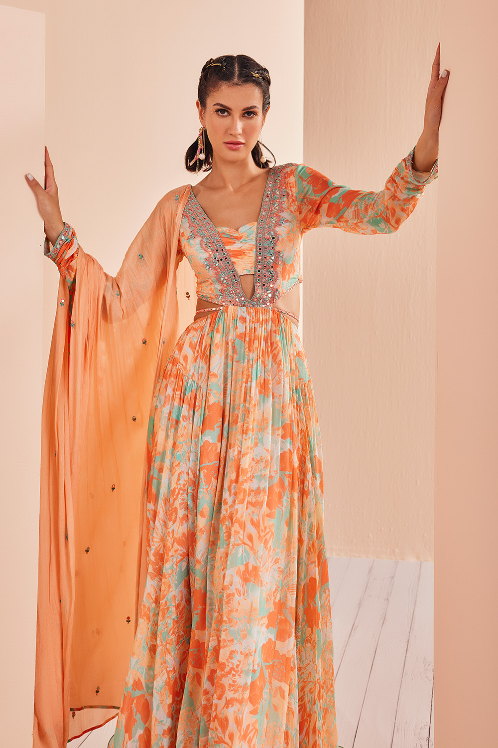 Embroidered Anarkali With Crunched Sleeves Paired With Mess Churidar And Delicate Chiffon Dupatta