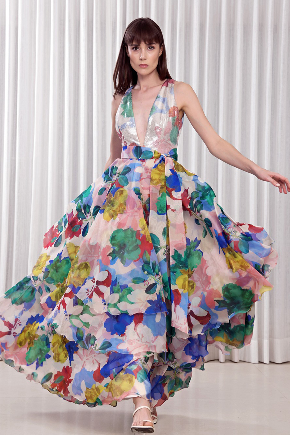 Hibiscus Printed Layered Gown Dress 