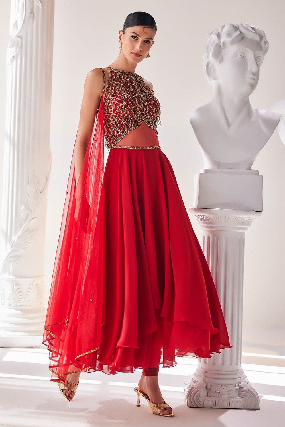 Red Georgette High Low Anarkali With A Churidar And A Net Dupatta