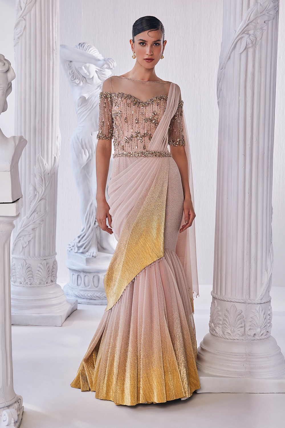 Shimmer Lycra Draped Gown With a Bodice