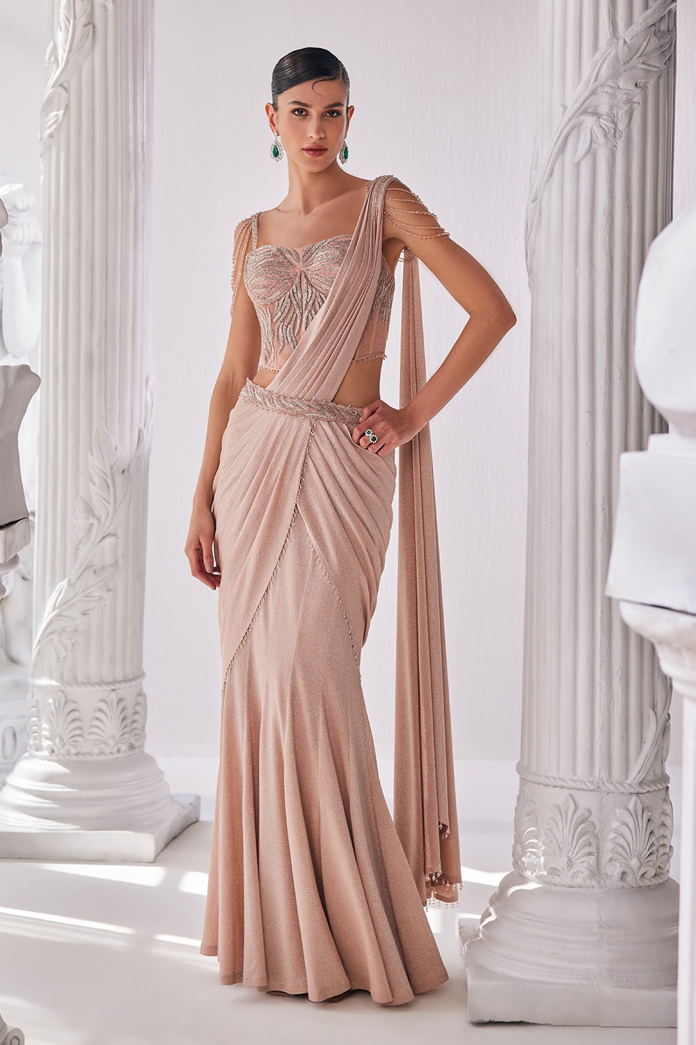Peach Draped Saree With Corset Blouse And Statement Belt
