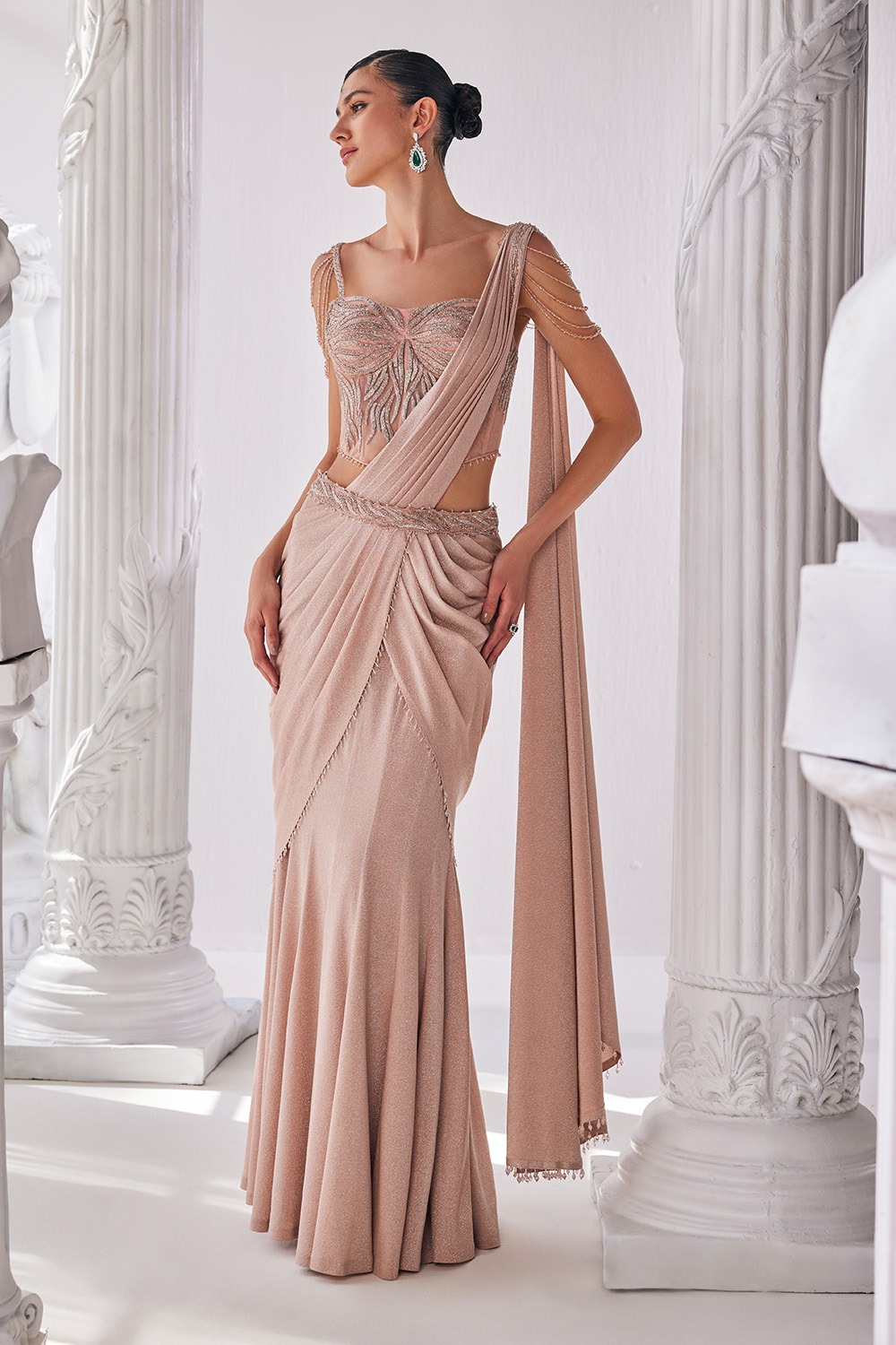 Peach Draped Saree With Corset Blouse And Statement Belt
