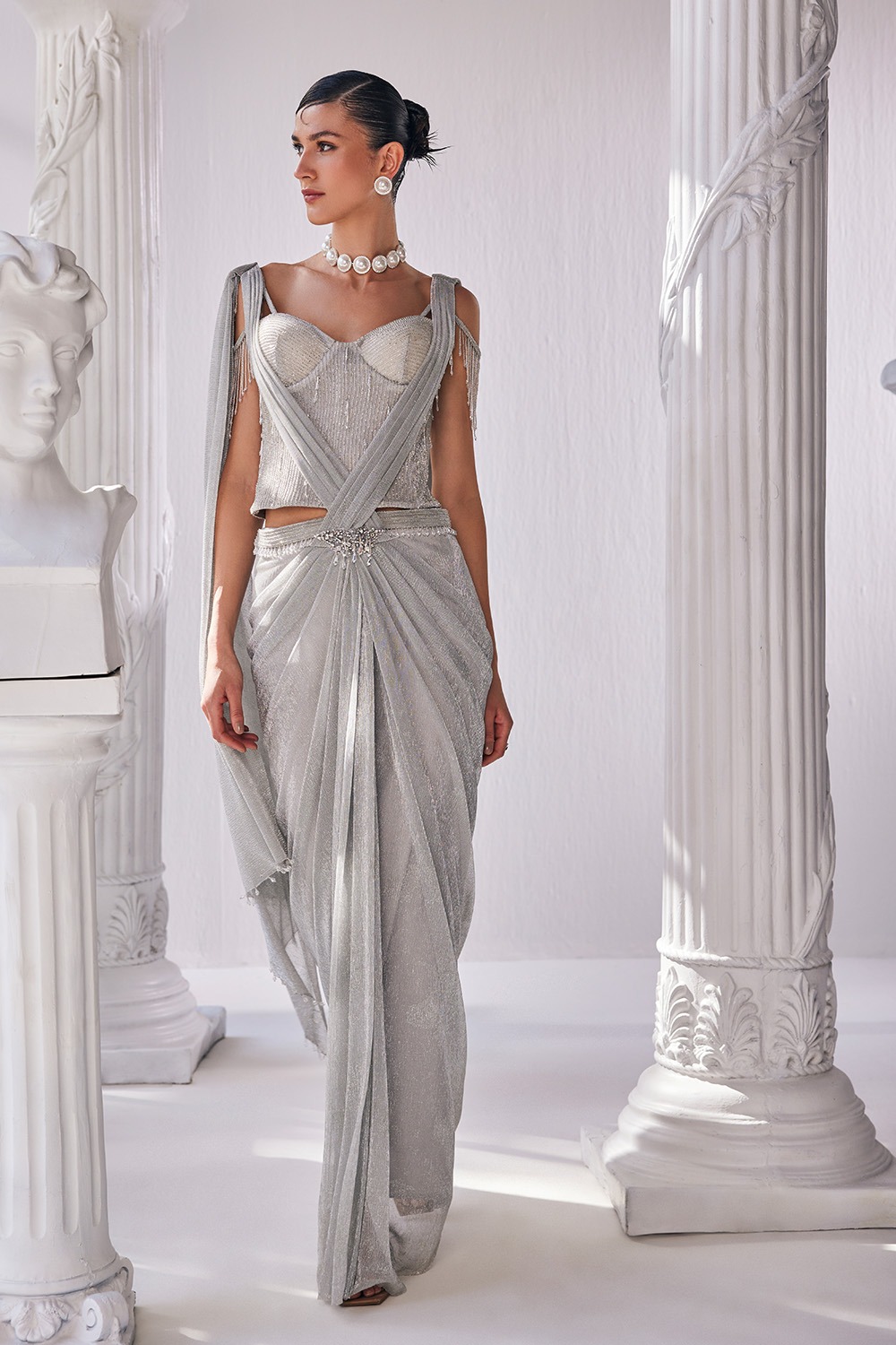 Crinkle Silver Draped Saree With a Corset And A Detailed Belt