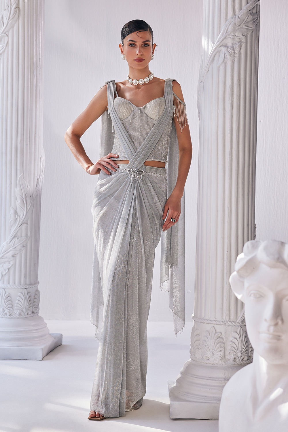 Crinkle Silver Draped Saree With a Corset And A Detailed Belt