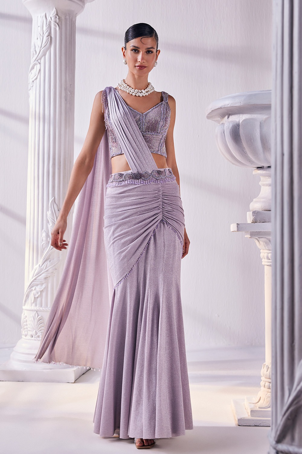Shimmer Lycra Draped Saree With Corset And a Belt