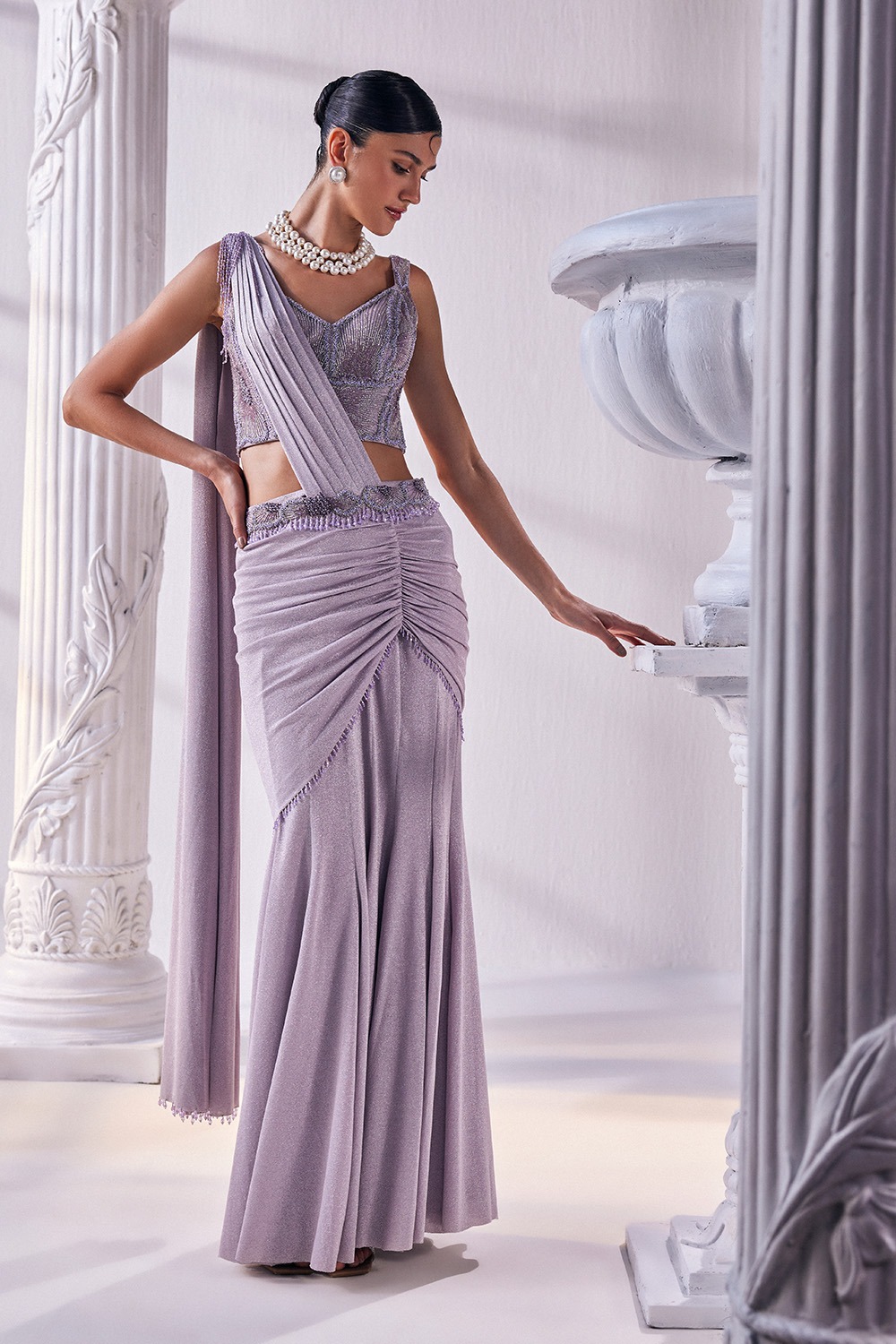 Shimmer Lycra Draped Saree With Corset And a Belt