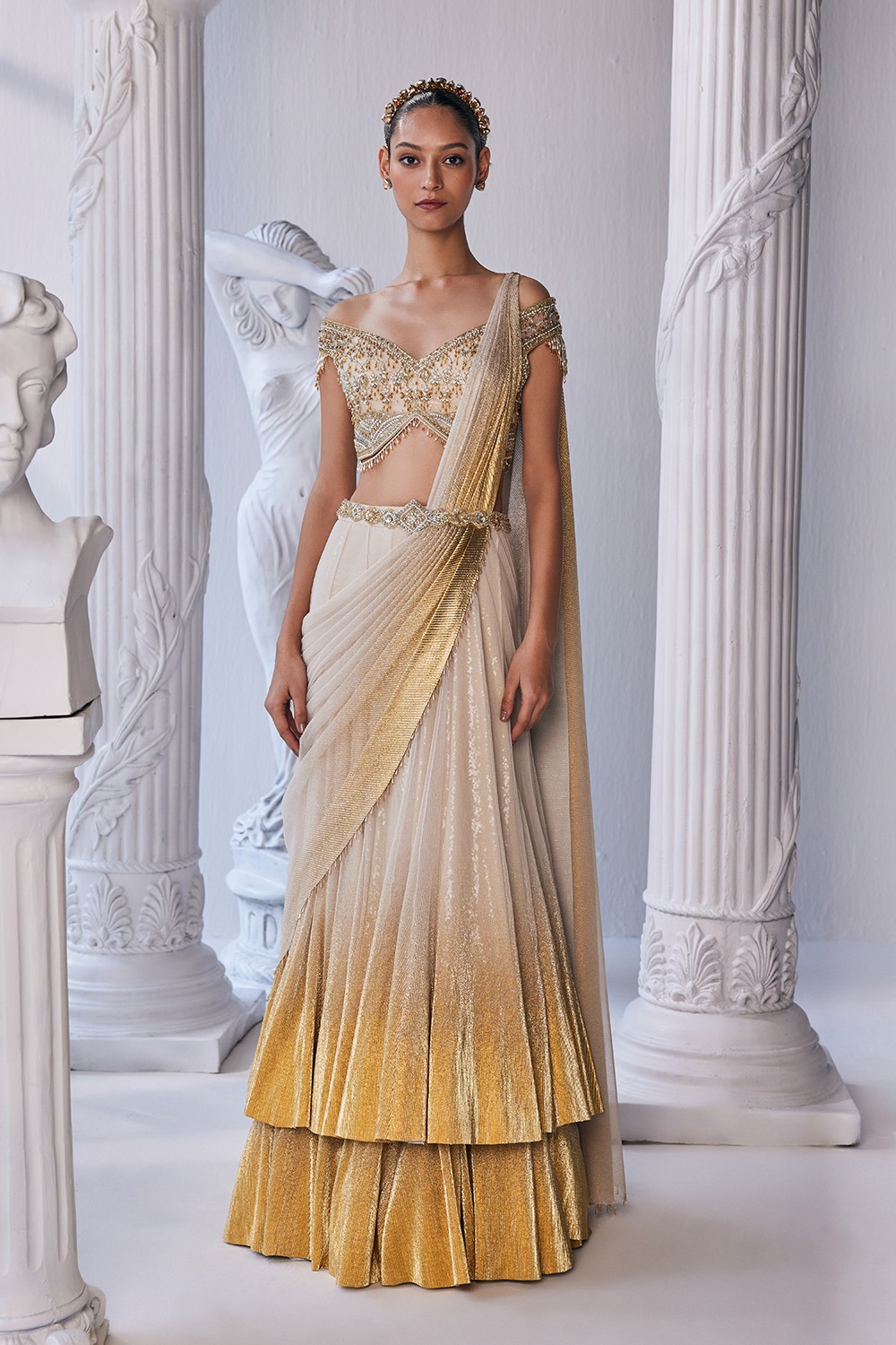 Draped Double Layer Lehenga With An Emroidered Waistband And Corset