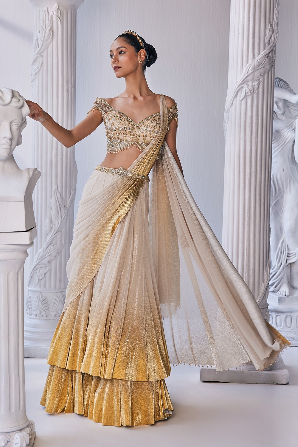 Draped Double Layer Lehenga With An Emroidered Waistband And Corset