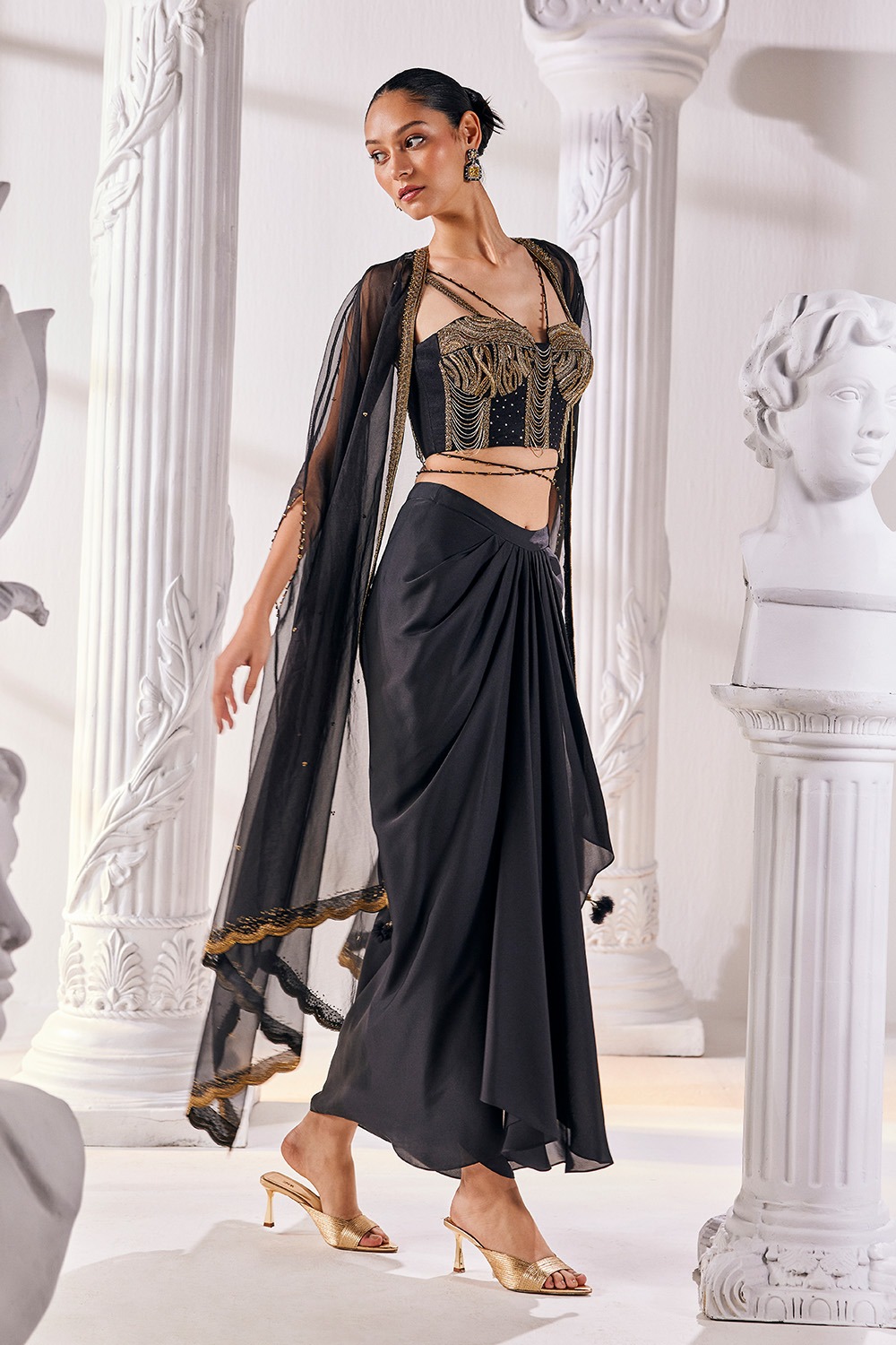 Draped Skirt With An Corset Blouse, Cape And A Belt