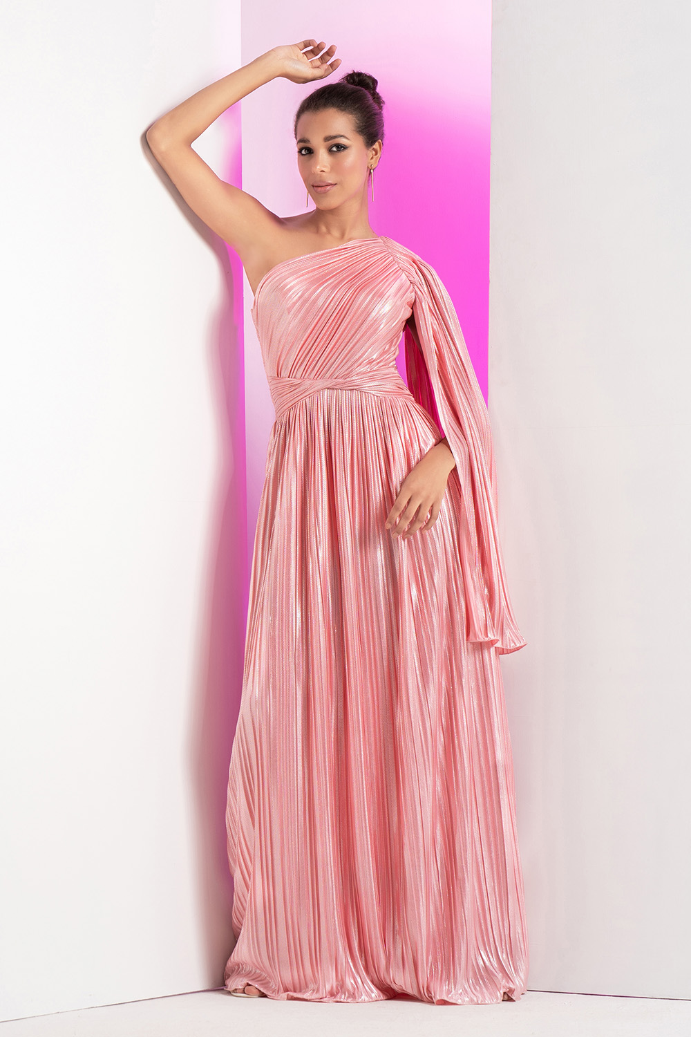 Flamingo Pink One Side Shoulder Heat Pleated Dress