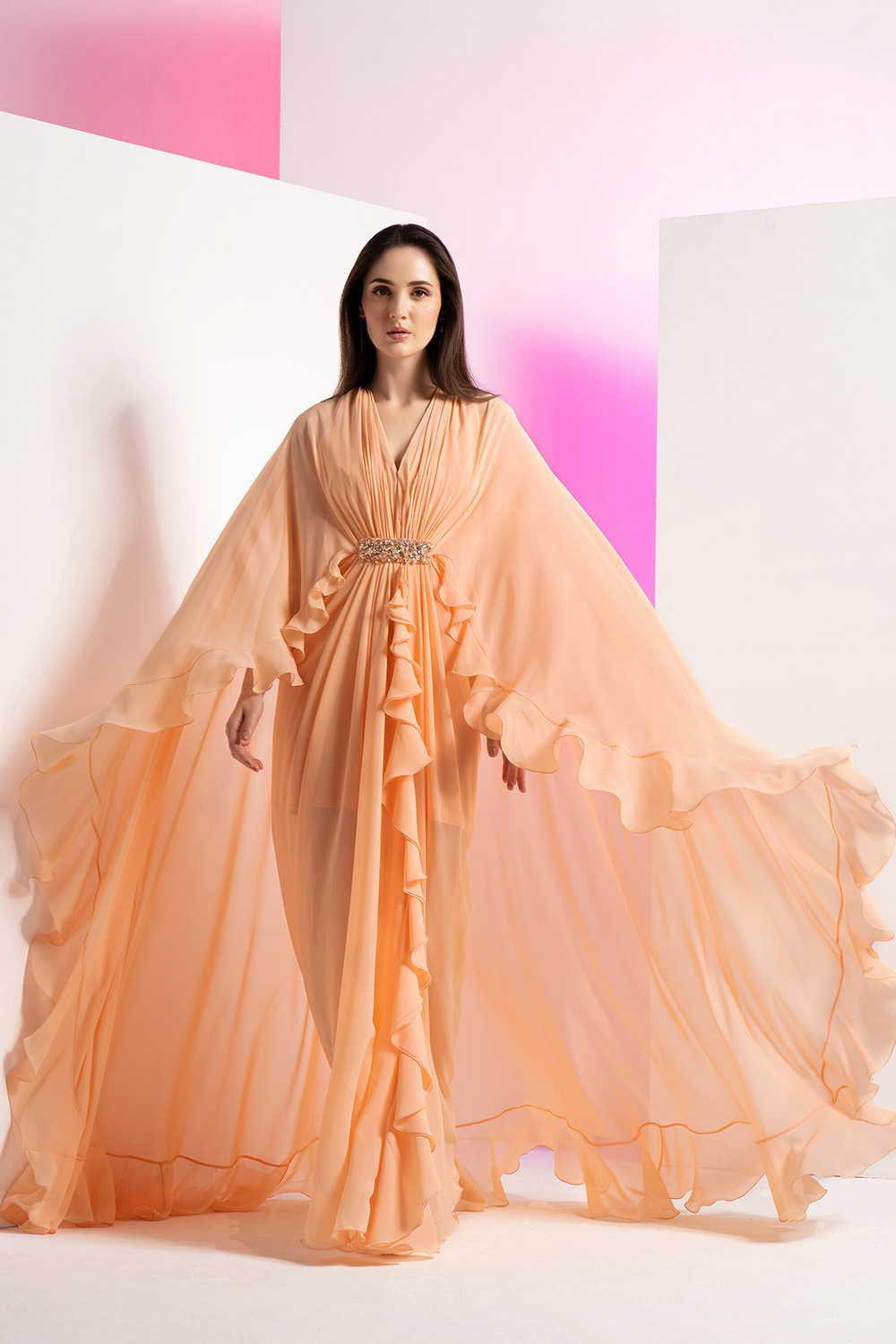 Salmon Pink Pleated Frilled Cape Dress