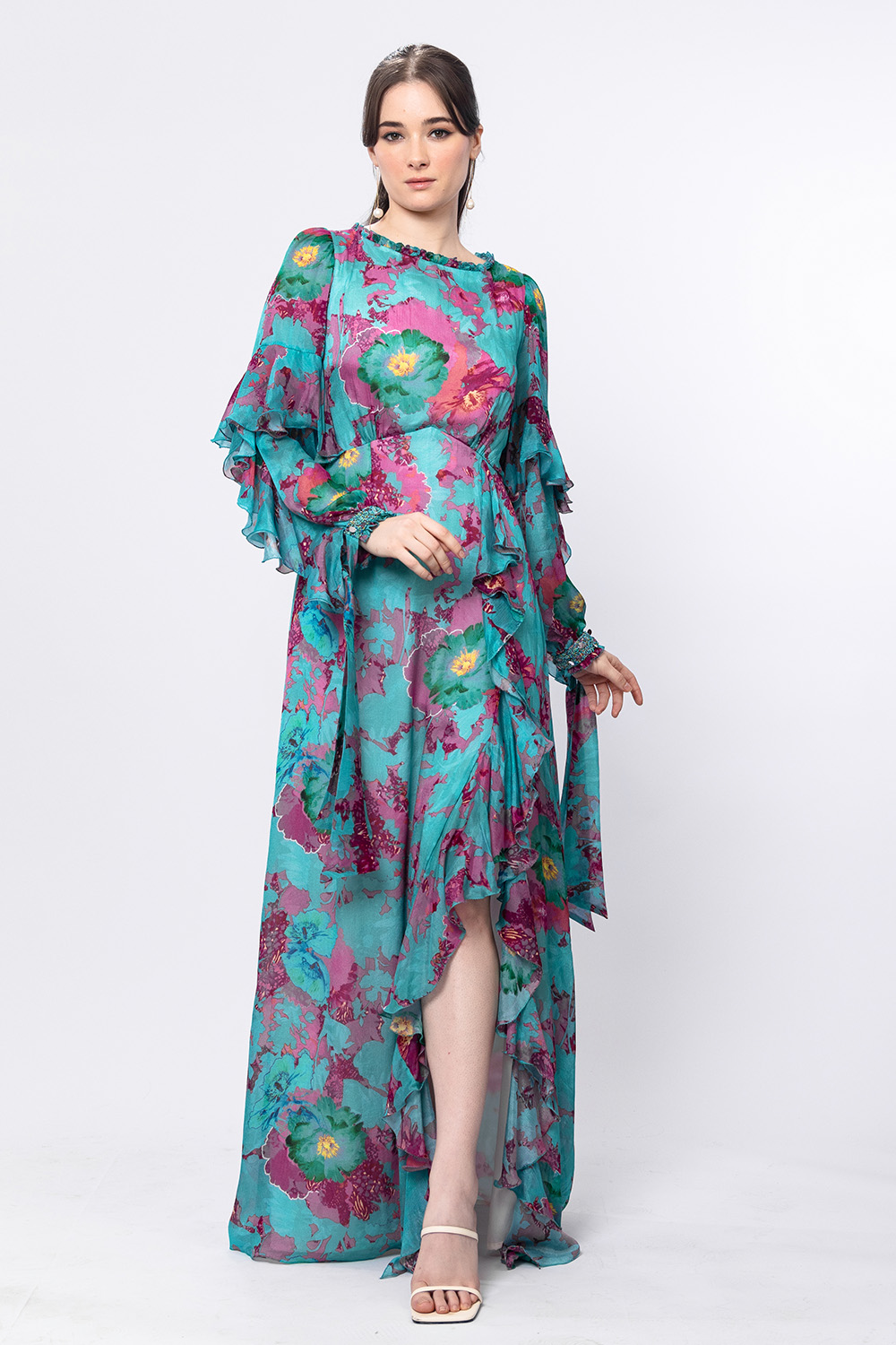 Forest Biome Boat Neck Tie Up Embroidered Sleeve Dress With Frill Detail