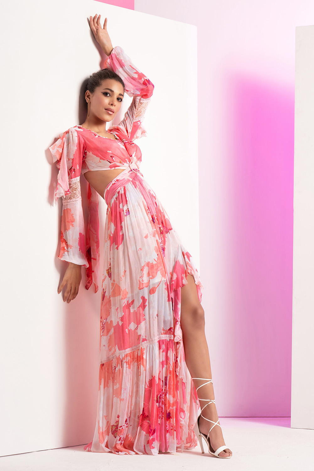 Blooming Buds Pink Cut Out Tiered Long Dress