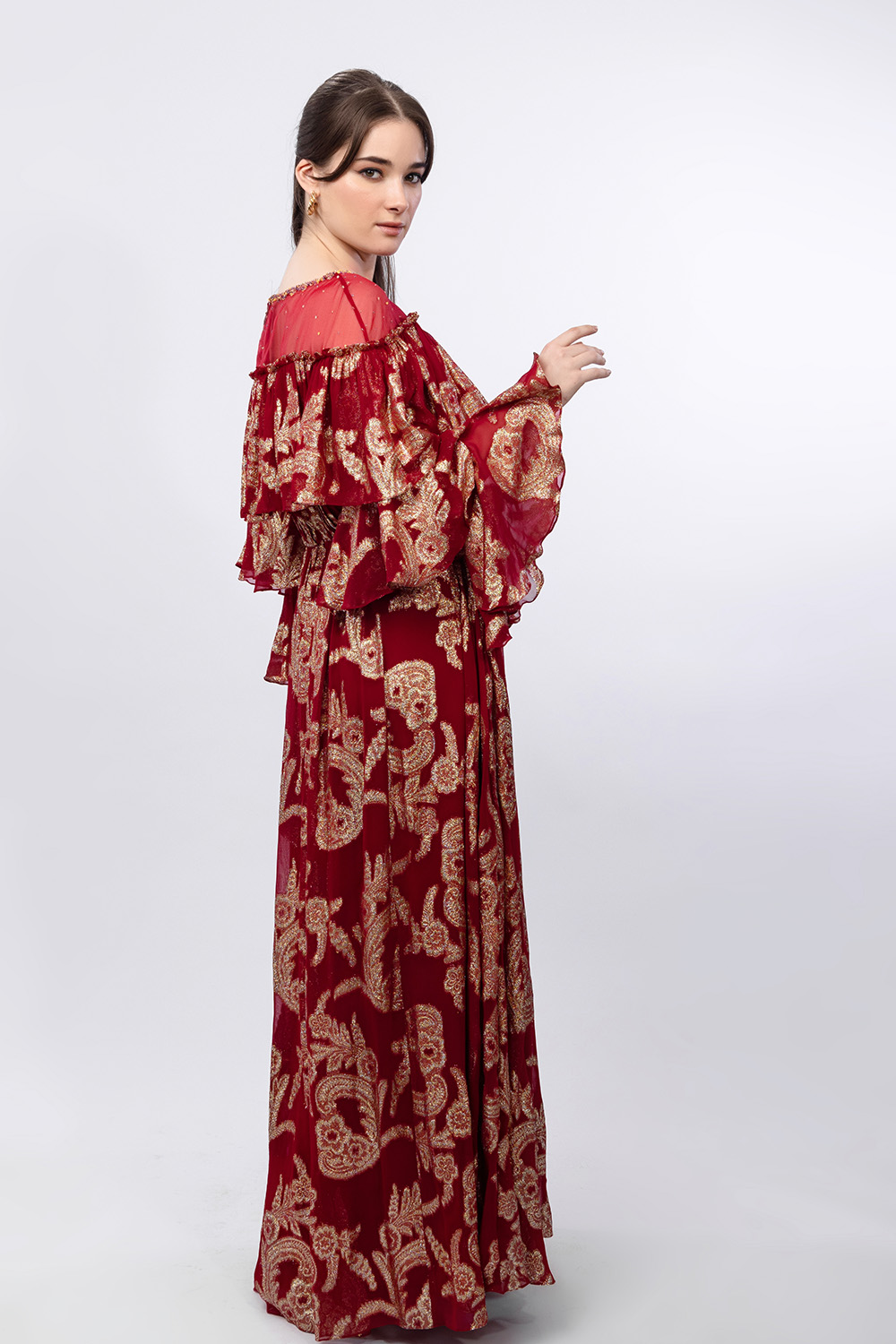 Radiant Red Brasso Ruffled Shoulder Detail Dress