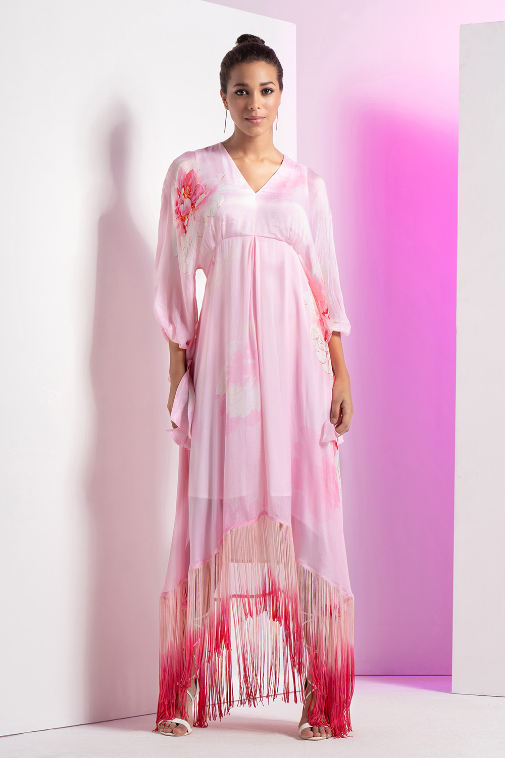 Pink Flutter Kimono Sleeve Asymmetrical Dress With Ombre Fringes