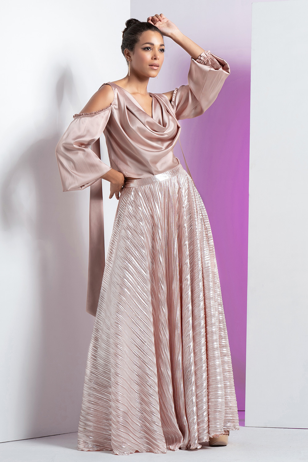 Cowl Neck With Cut Out Balloon Sleeve Top With Rose Gold Pleated Skirt