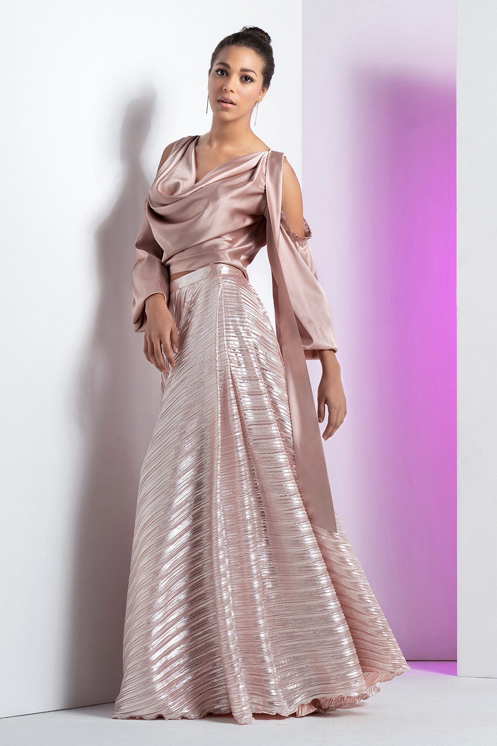 Cowl Neck With Cut Out Balloon Sleeve Top With Rose Gold Pleated Skirt