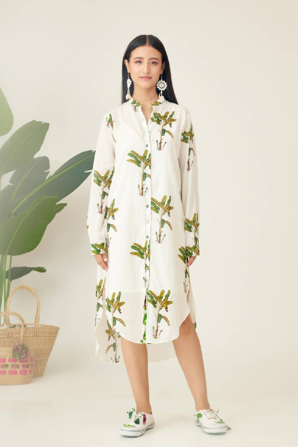 Off-White Hand painted Banana Tree Print Shirt Dress