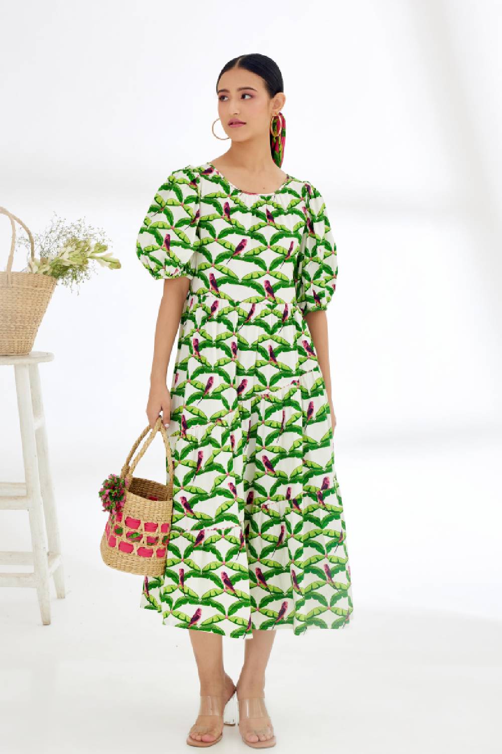 Off-White Hand painted Parakeet Print bubble sleeve Tier Dress
