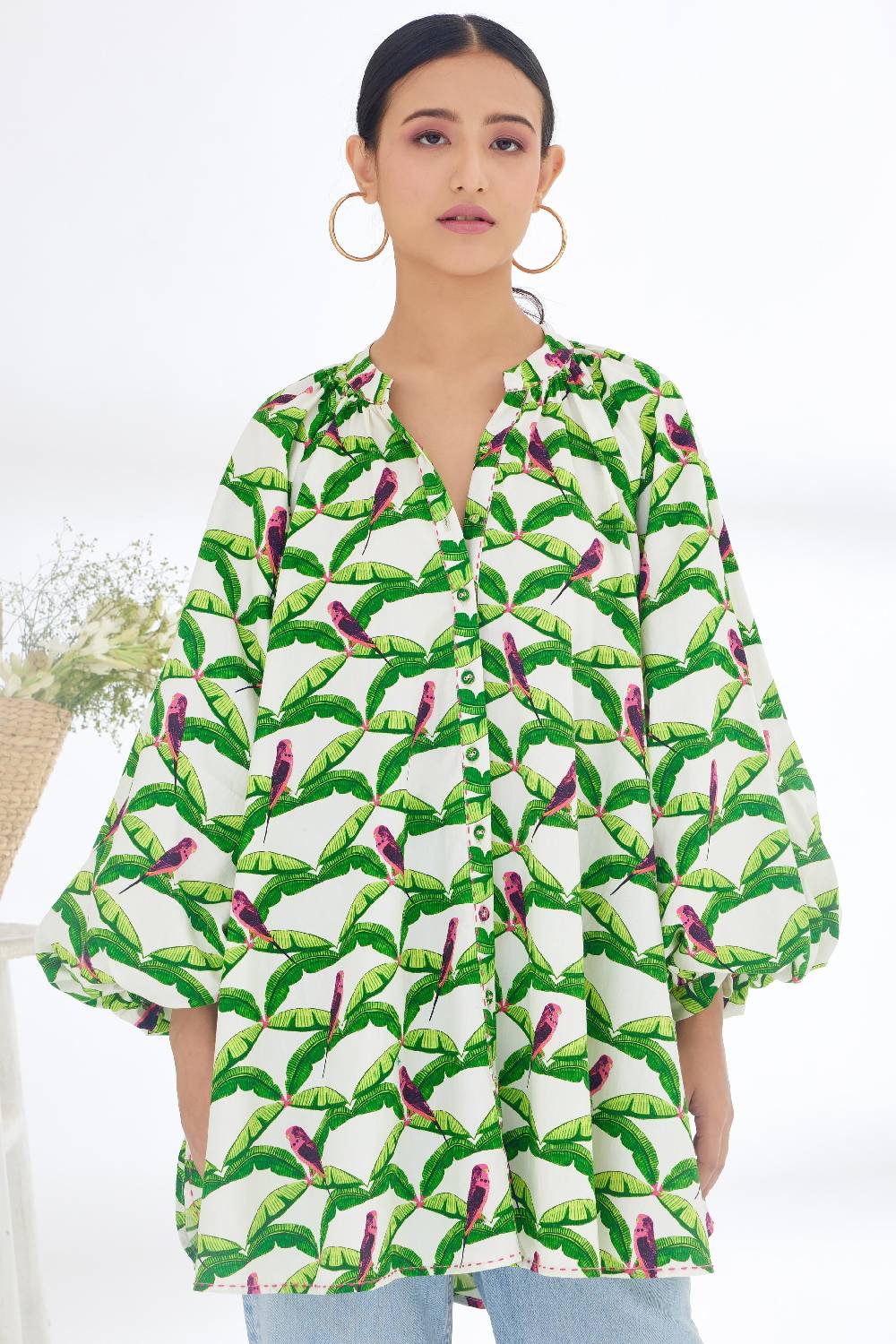 Off-White Hand painted Parakeet Print bubble sleeve Shirt Dress