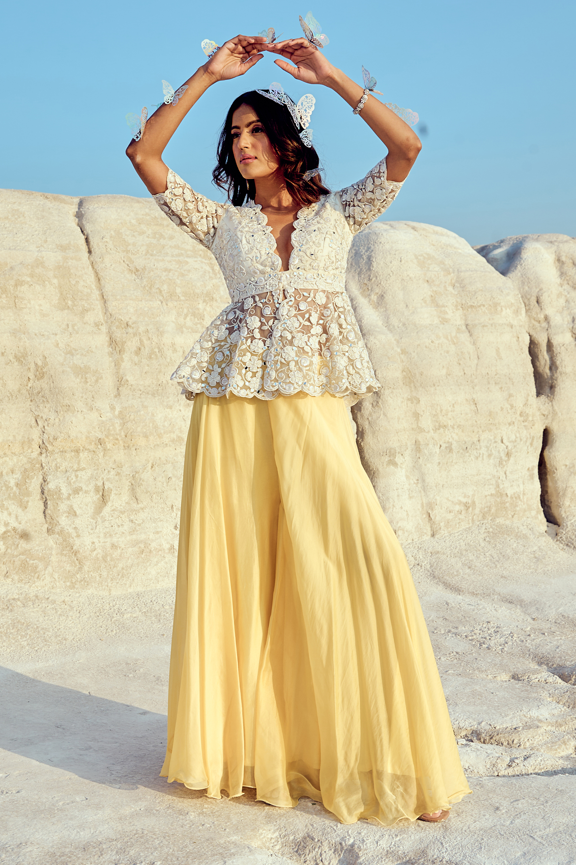 Embroidered Peplum Blouse With An Organza Sharara