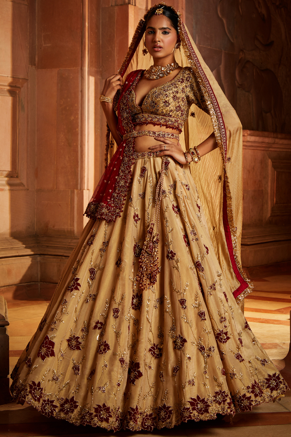 Gold Tissue Lehenga Choli And Belt With Cotrasting Red Tulle Dupatta And Optional Gold Tissue Second Dupatta