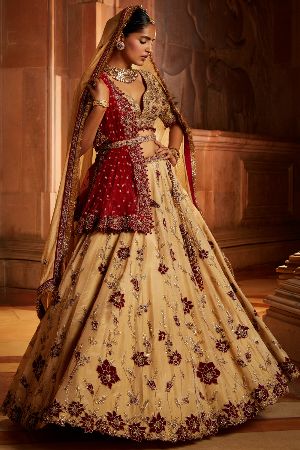 Gold Tissue Lehenga Choli And Belt With Cotrasting Red Tulle Dupatta And Optional Gold Tissue Second Dupatta