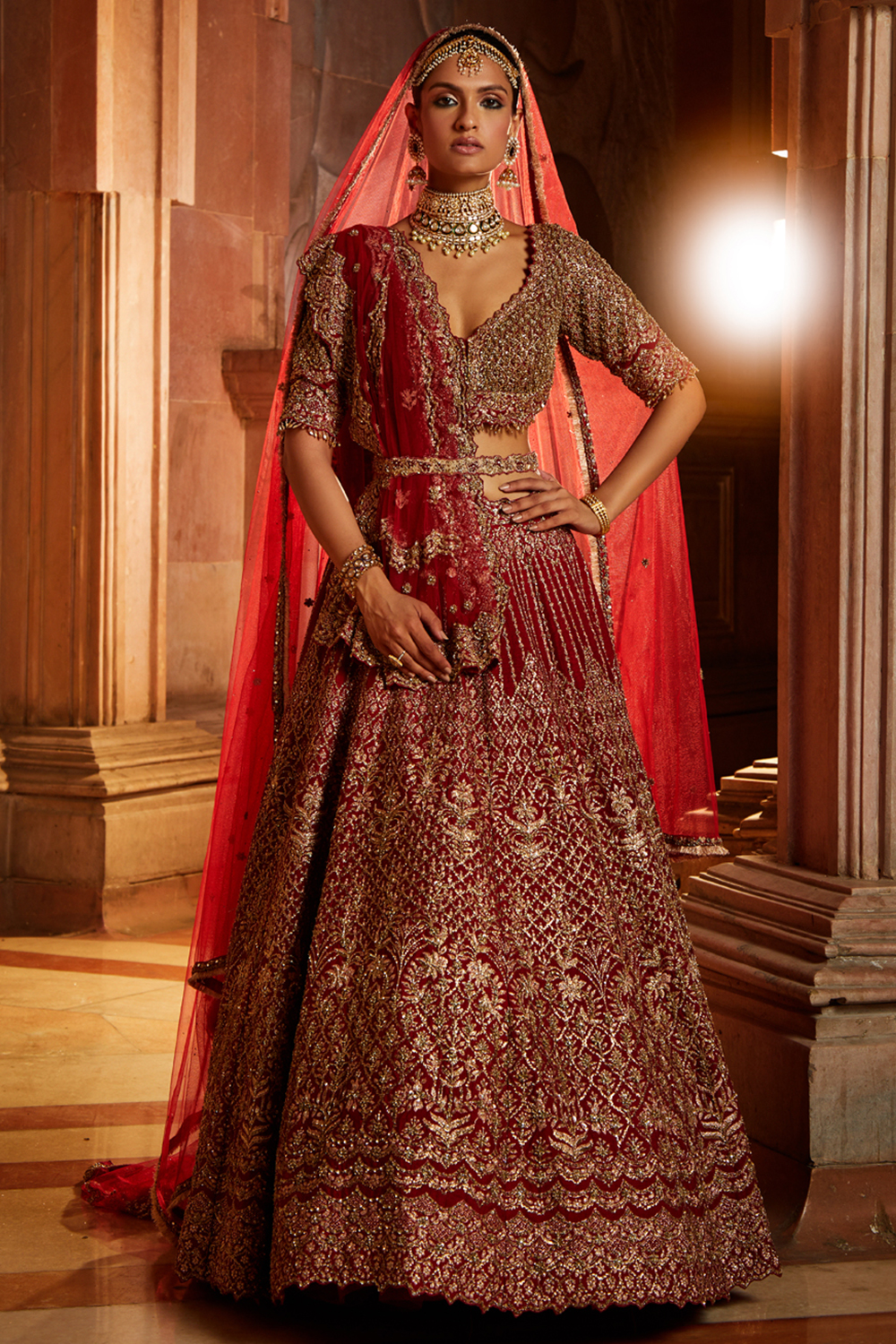 Blood Red Raw Silk Lehenga Choli And Belt With Tulle Dupatta With An Optional Lighter Second Dupatta