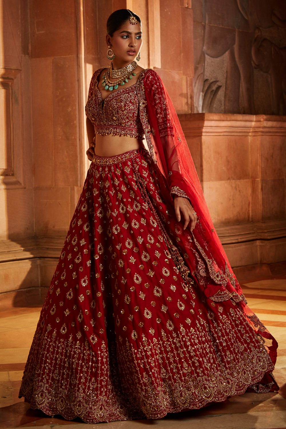 Blood Red Raw Silk Bridal Lehenga Choli Set With Tulle Dupatta